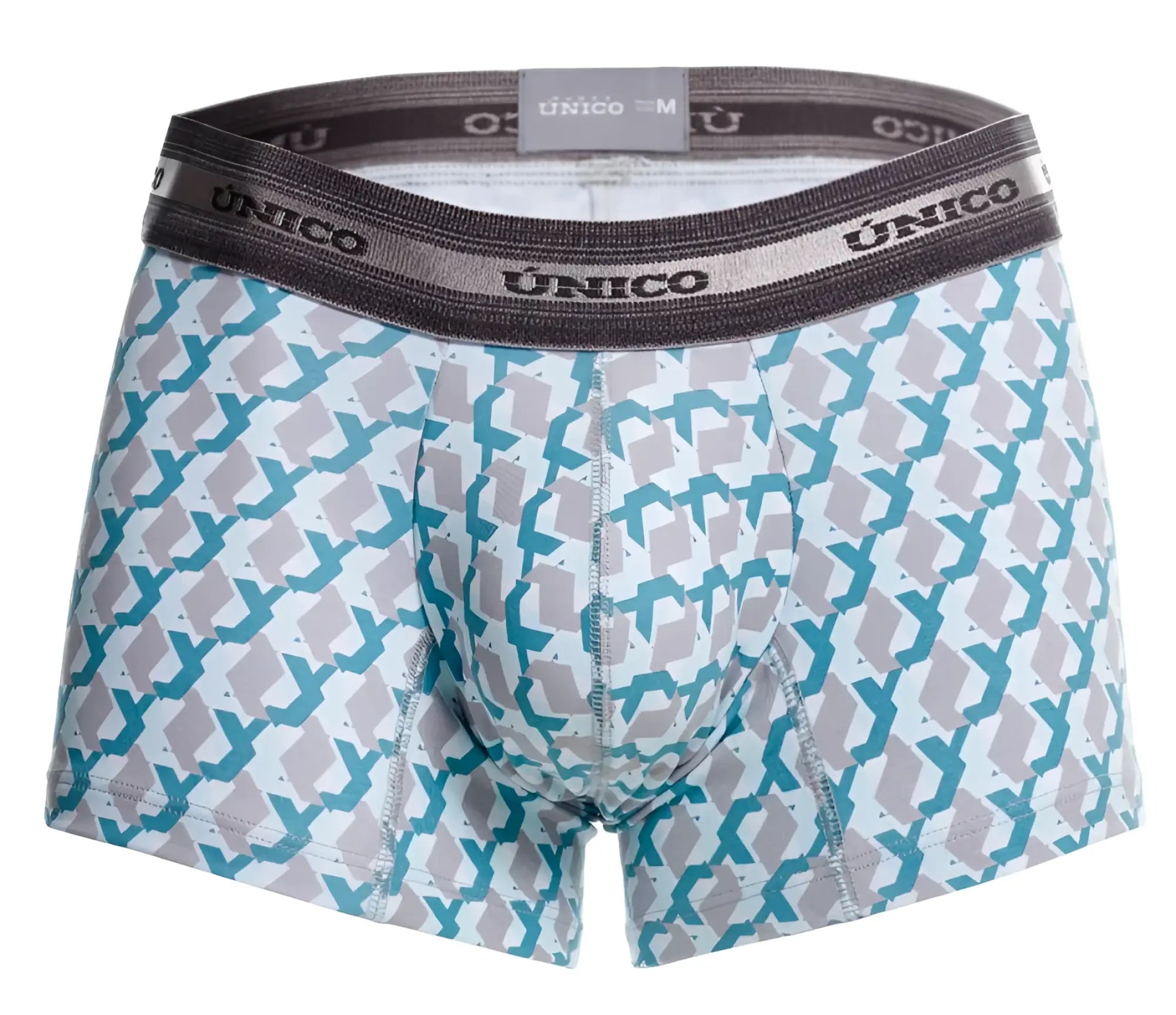 Unico 25040100115 caterva trunks men’s boxer briefs with teal and gray geometric pattern on white base and elastic waistband