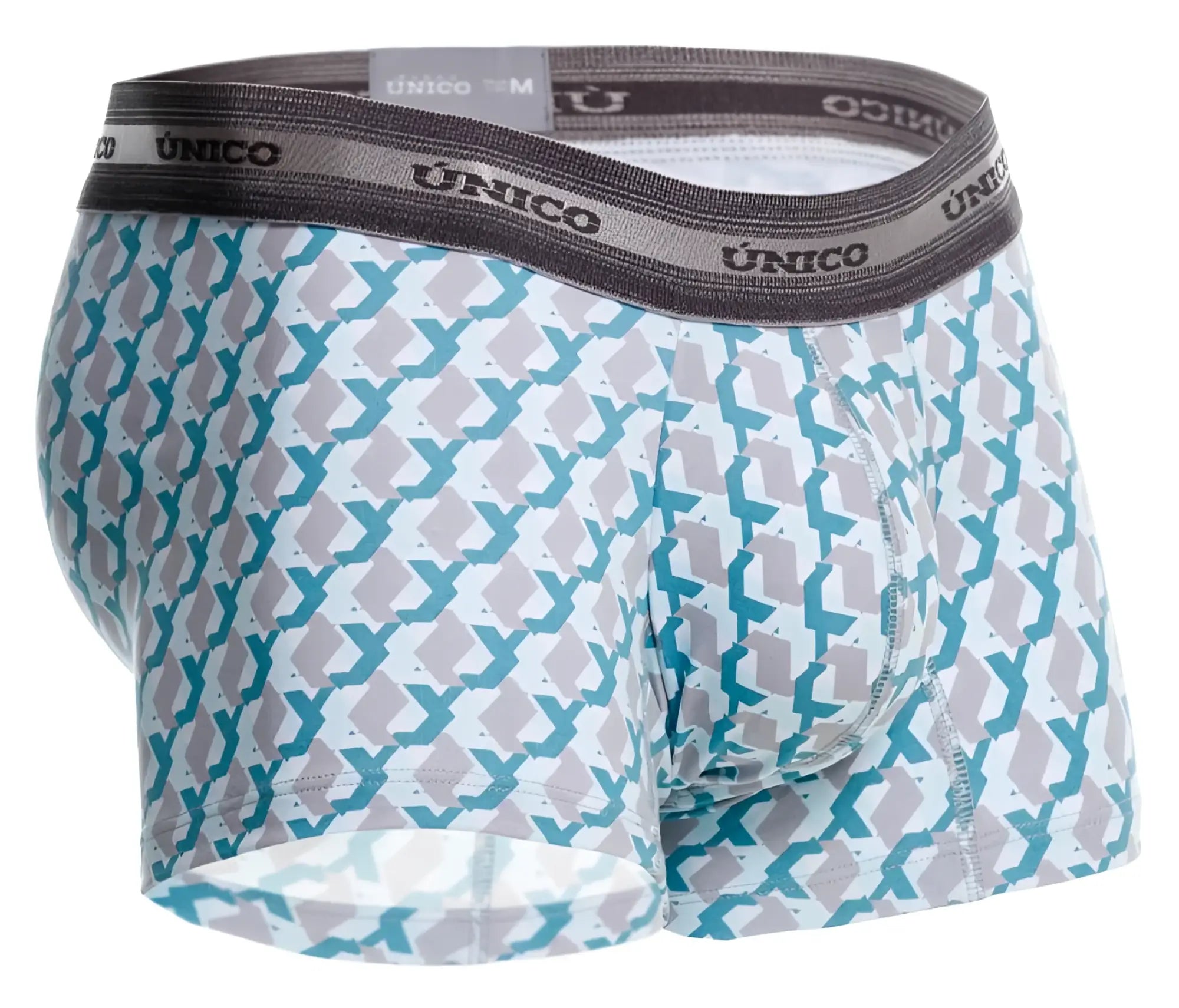 A pair of unico 25040100115 caterva trunks with teal and gray geometric print on white and dark gray waistband