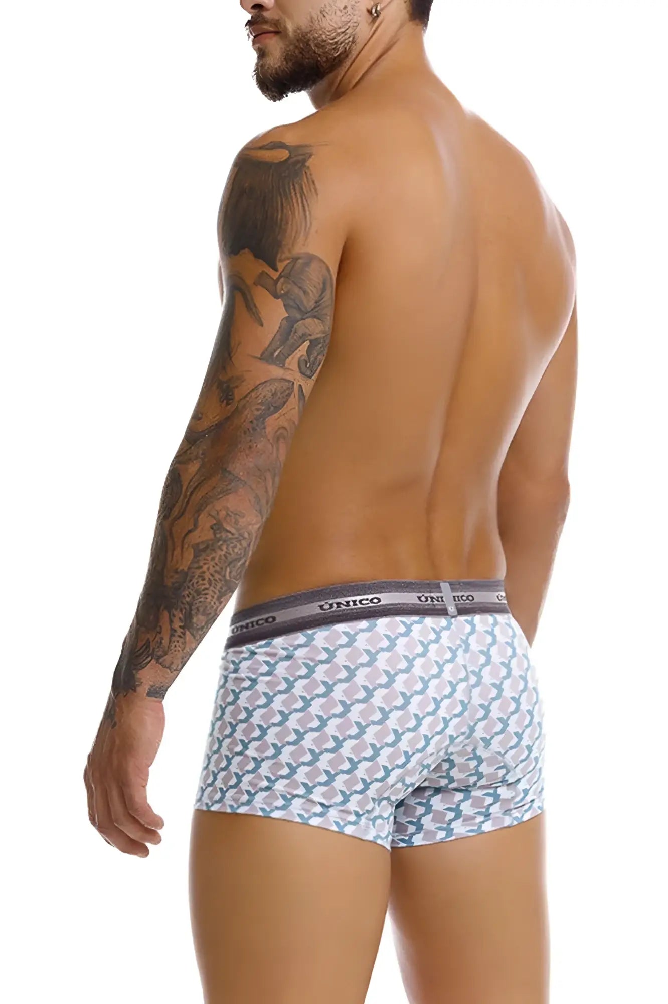 Unico 25040100115 Caterva trunks white briefs with teal and gray geometric print and dark gray unico waistband