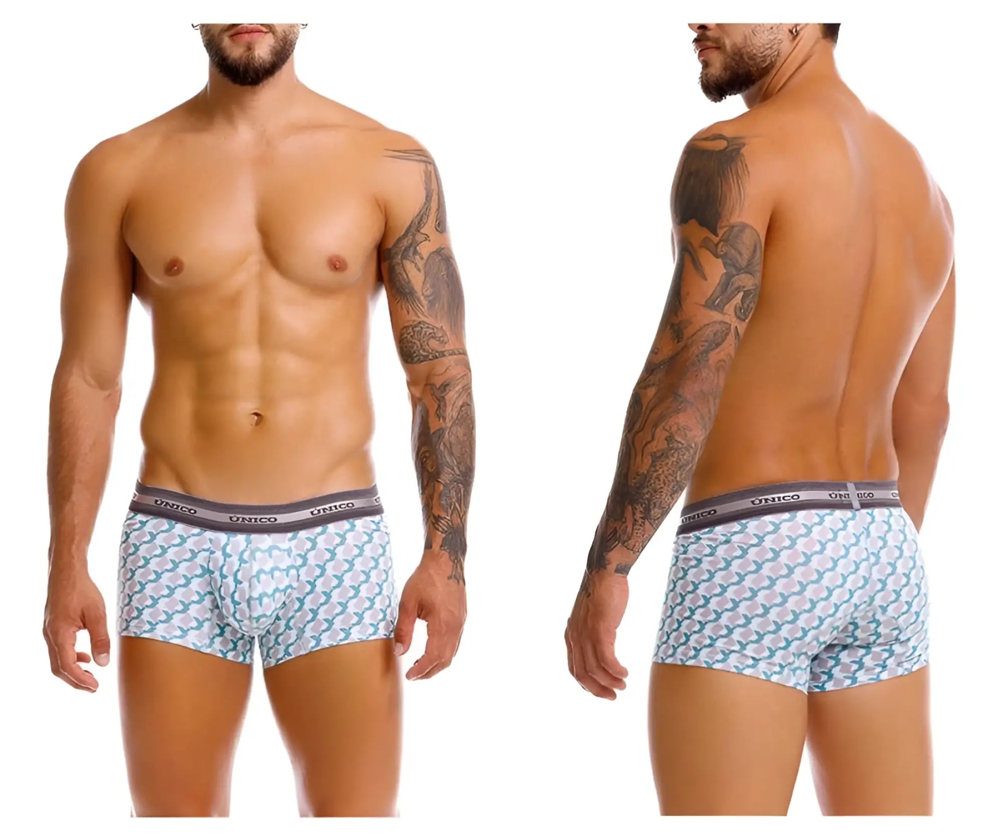 Unico 25040100115 caterva trunks in white and teal with a repeating geometric pattern designed for men