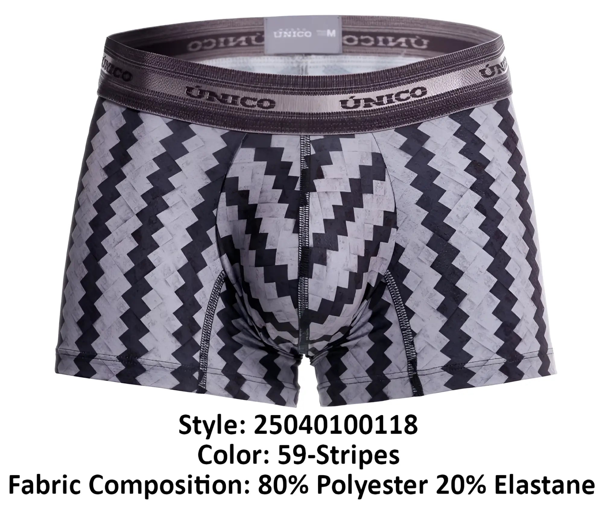 Black and gray zigzag-striped tricotosa trunks with branded elastic waistband in color 59 stripes design