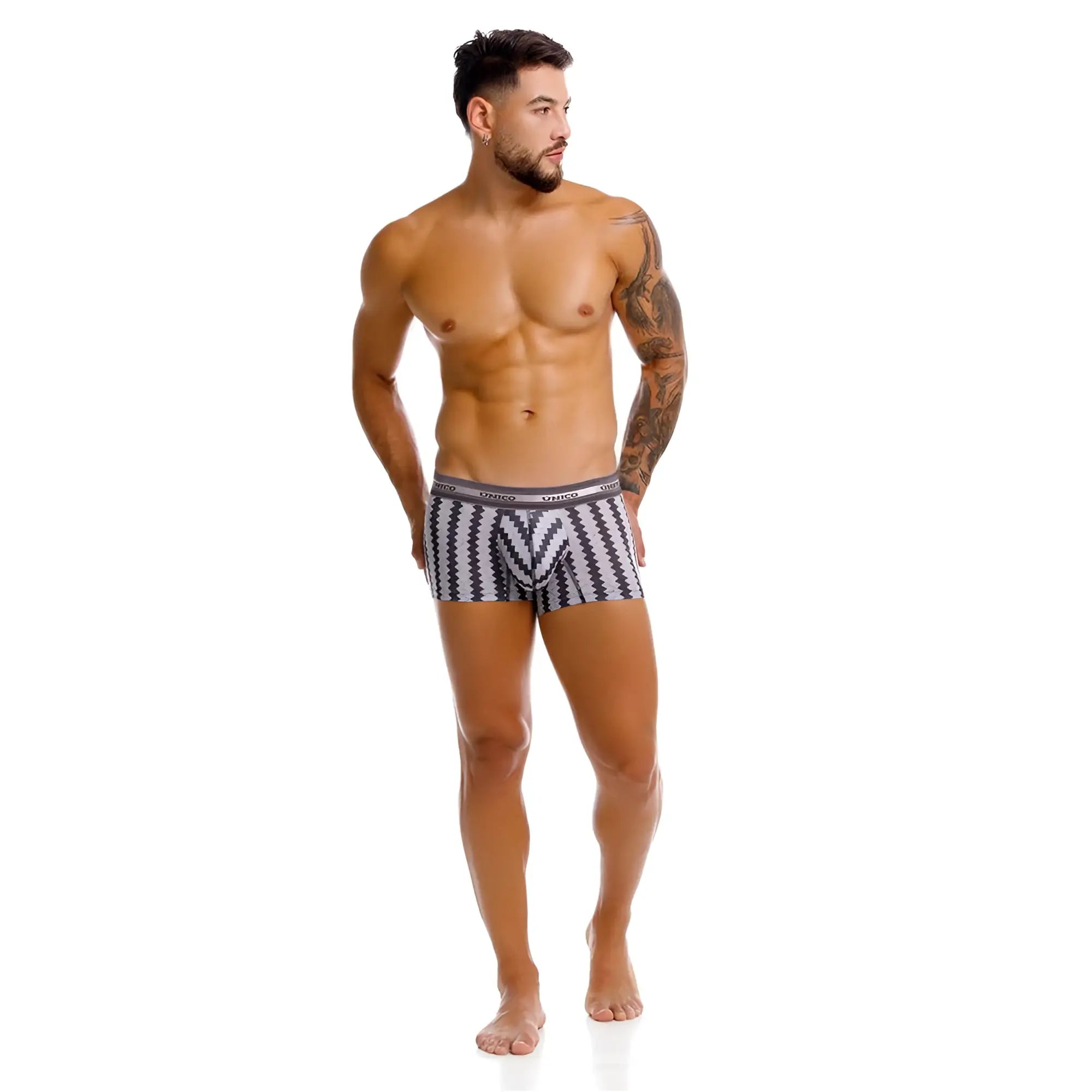 Black and white geometric patterned unico tricotosa trunks with branded waistband in tricot fabric