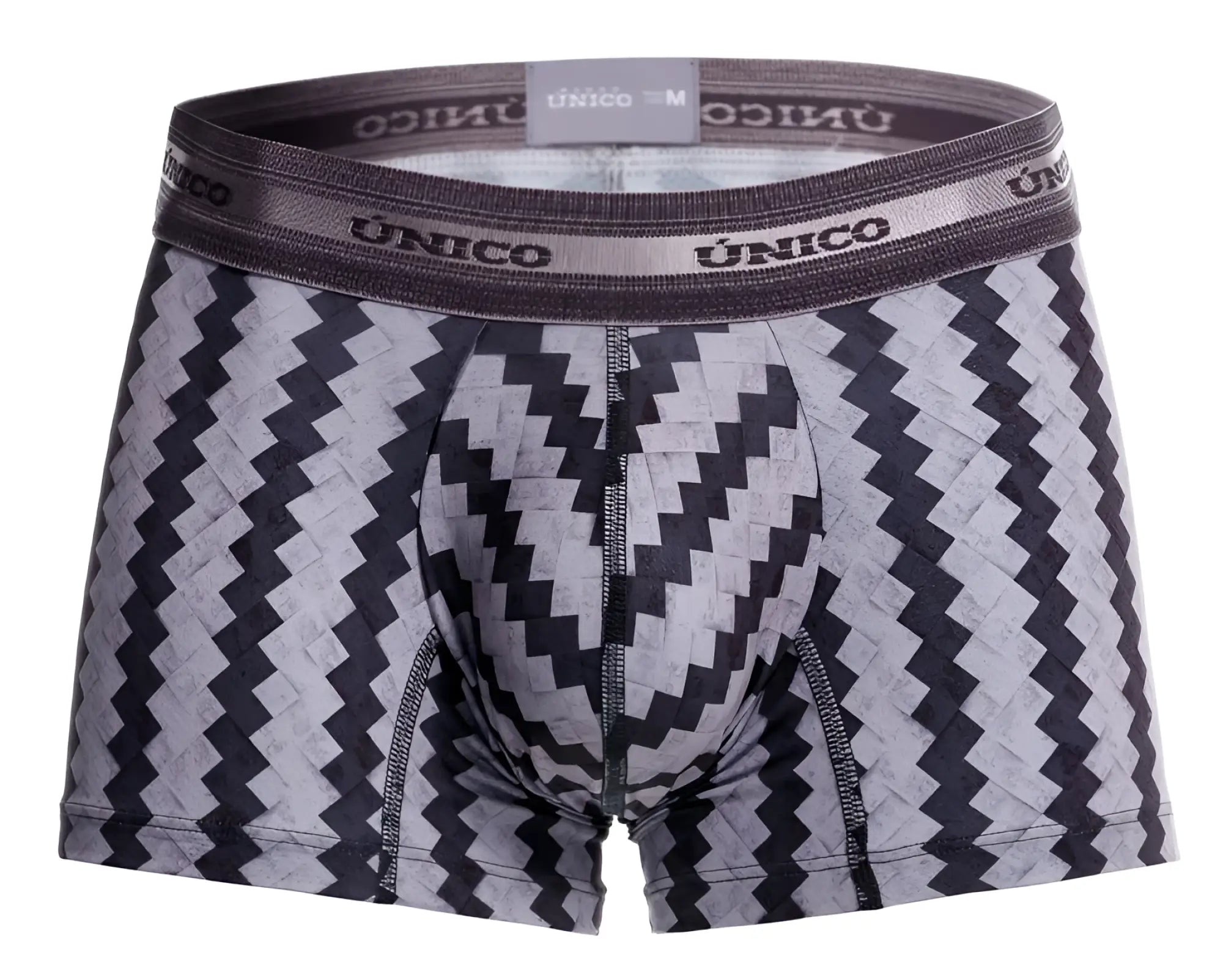 Unico 25040100118 tricotosa trunks are gray and black zigzag patterned men’s boxer briefs with a branded elastic waistband