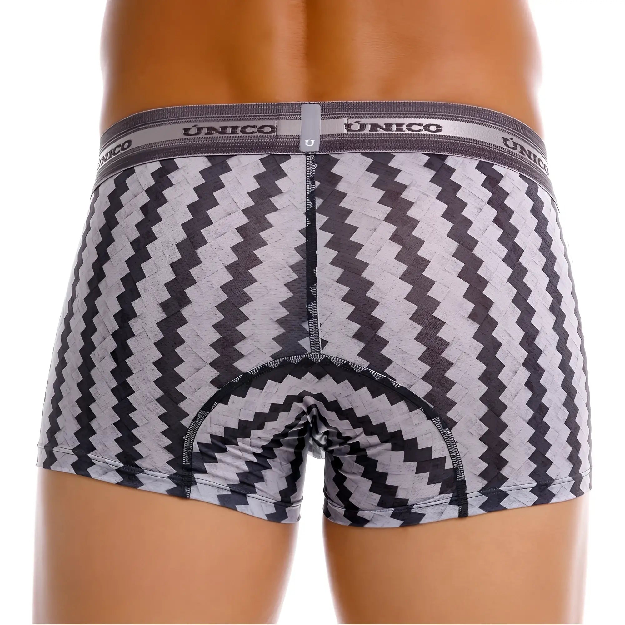 Unico 25040100118 tricotosa trunks in gray and black zigzag patterned men’s contoured boxer briefs with stripes