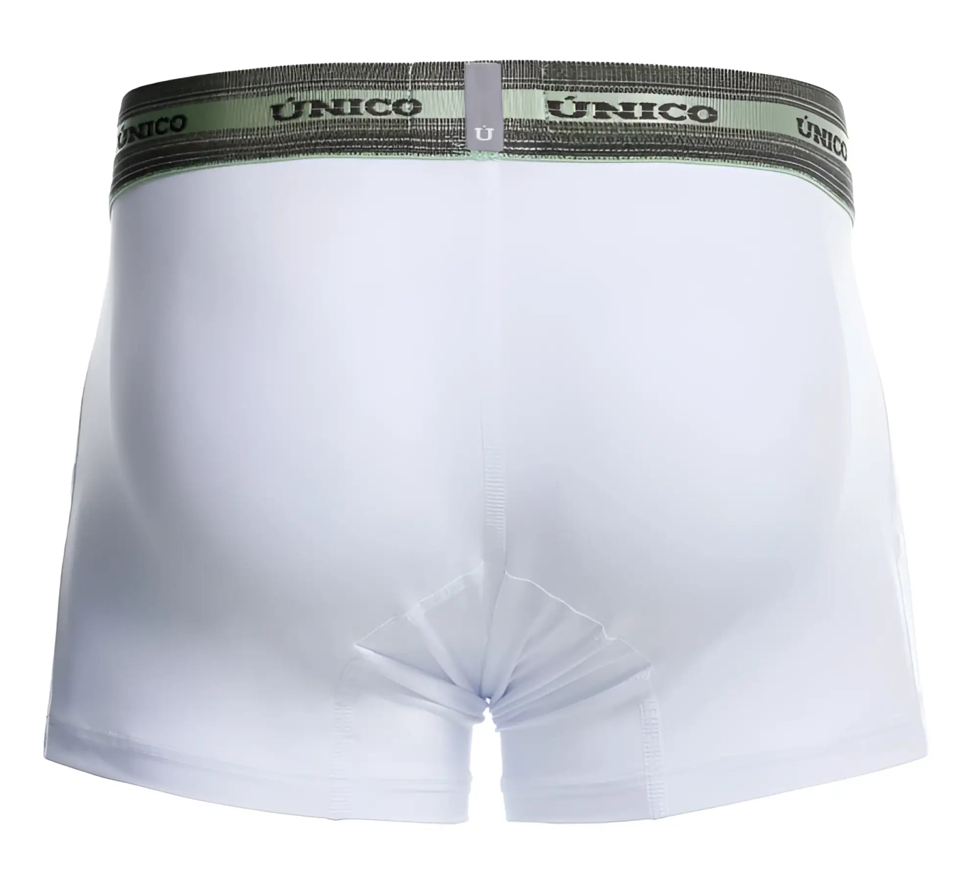 White unico 25040100122 sensacion trunks boxer briefs with gray elastic waistband and black brand name lettering