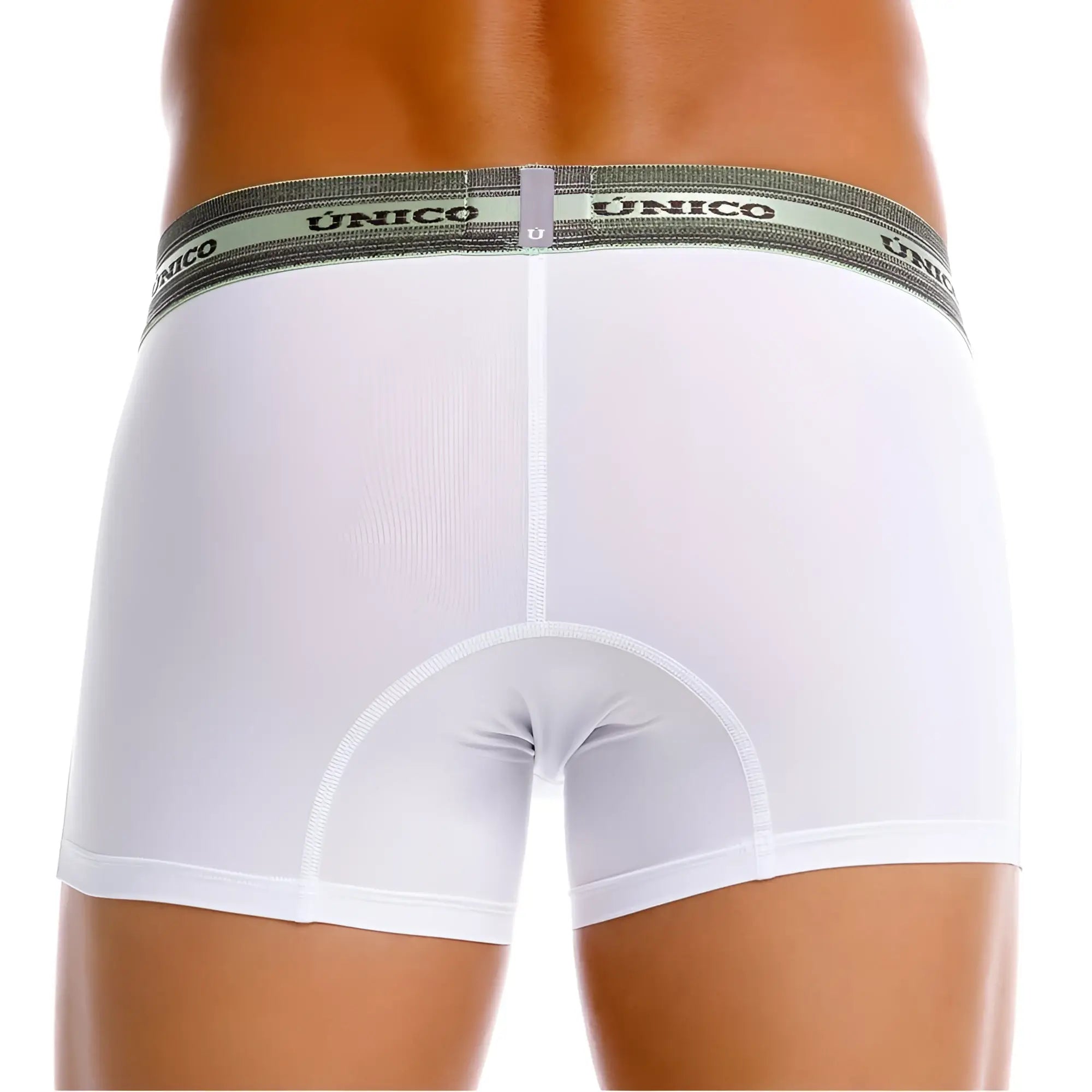White unico Sensacion trunks in cotton with a gray waistband featuring the brand name in black lettering