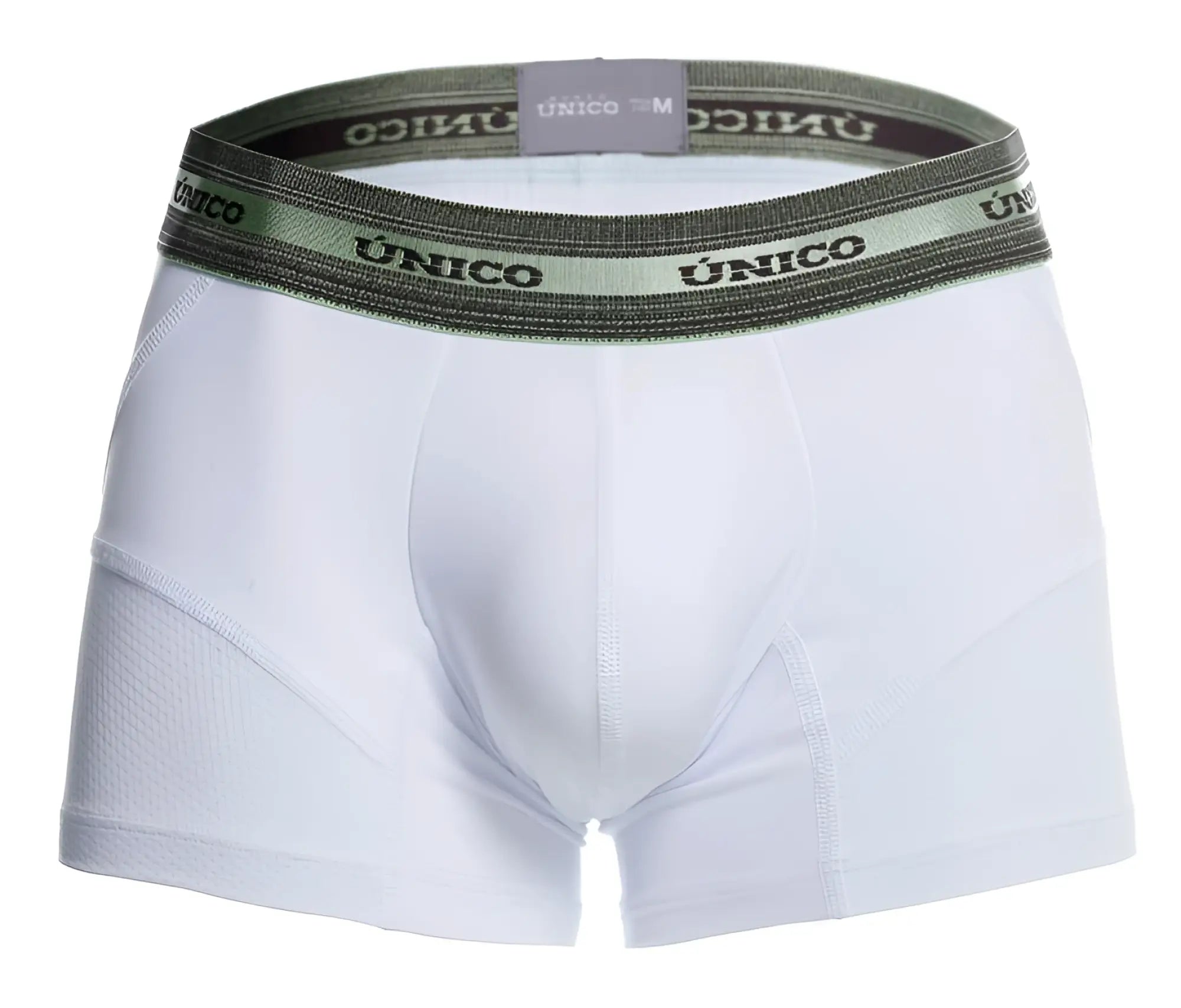 White unico 25040100122 sensacion trunks mens boxer briefs with dark green elastic waistband and black brand lettering
