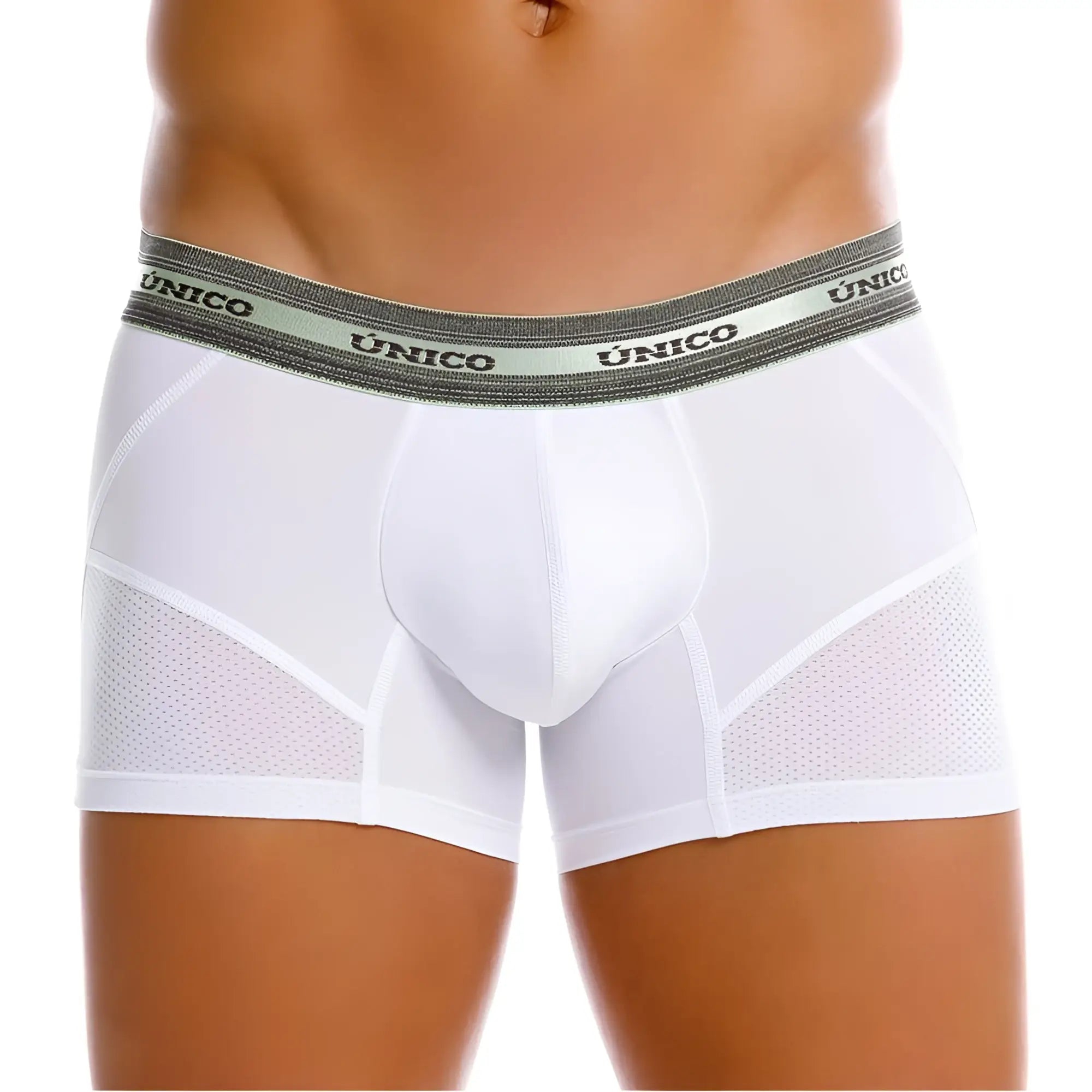 White unico men’s boxer briefs with gray elastic waistband branded unico and mesh side panels in color 00-white