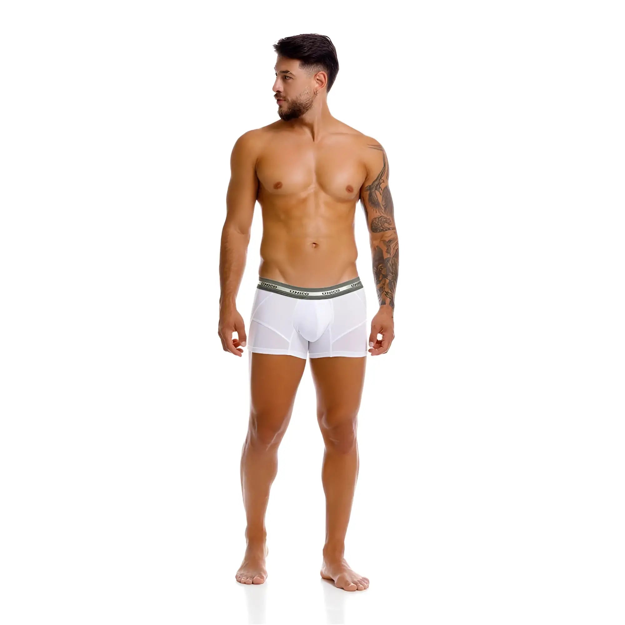 White men’s boxer briefs with gray elastic waistband featuring vince logo in unico 25040100122 sensacion trunks color 00-white