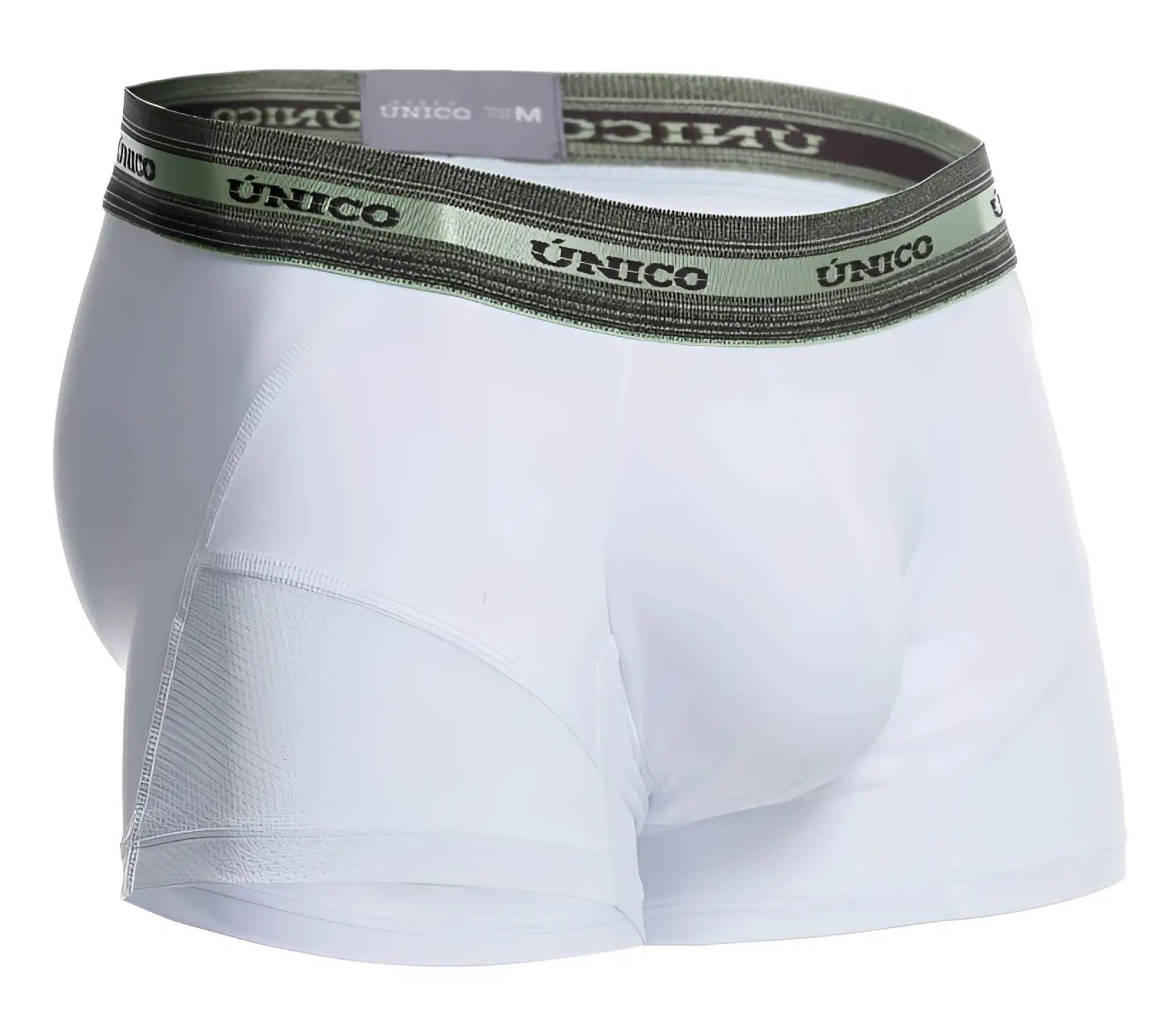 White unico 25040100122 sensacion trunks men’s boxer briefs with green and black elastic waistband and bold branding