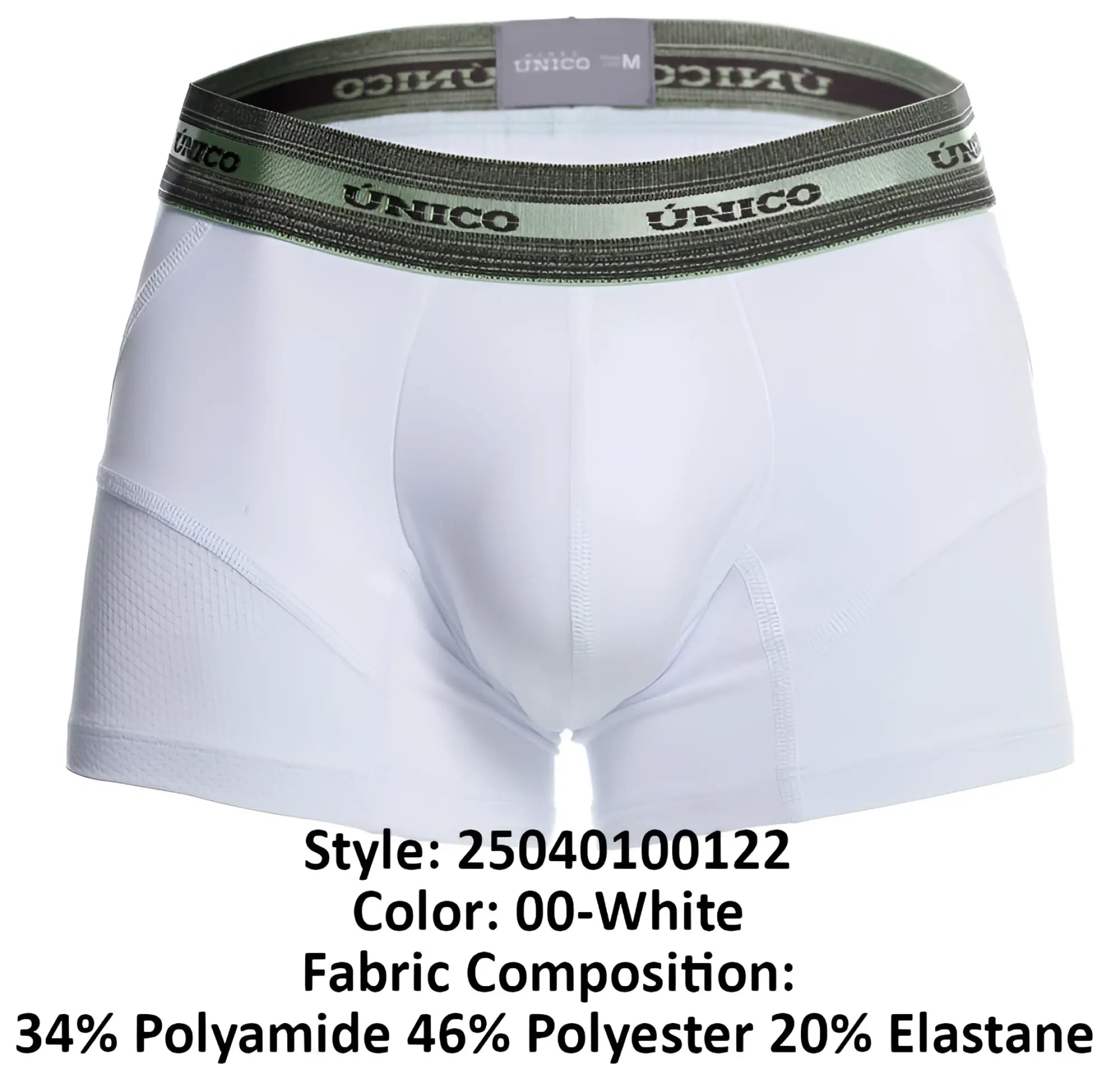 White unico men’s boxer briefs with olive green elastic waistband branded in black from Unico 25040100122 Sensacion Trunks