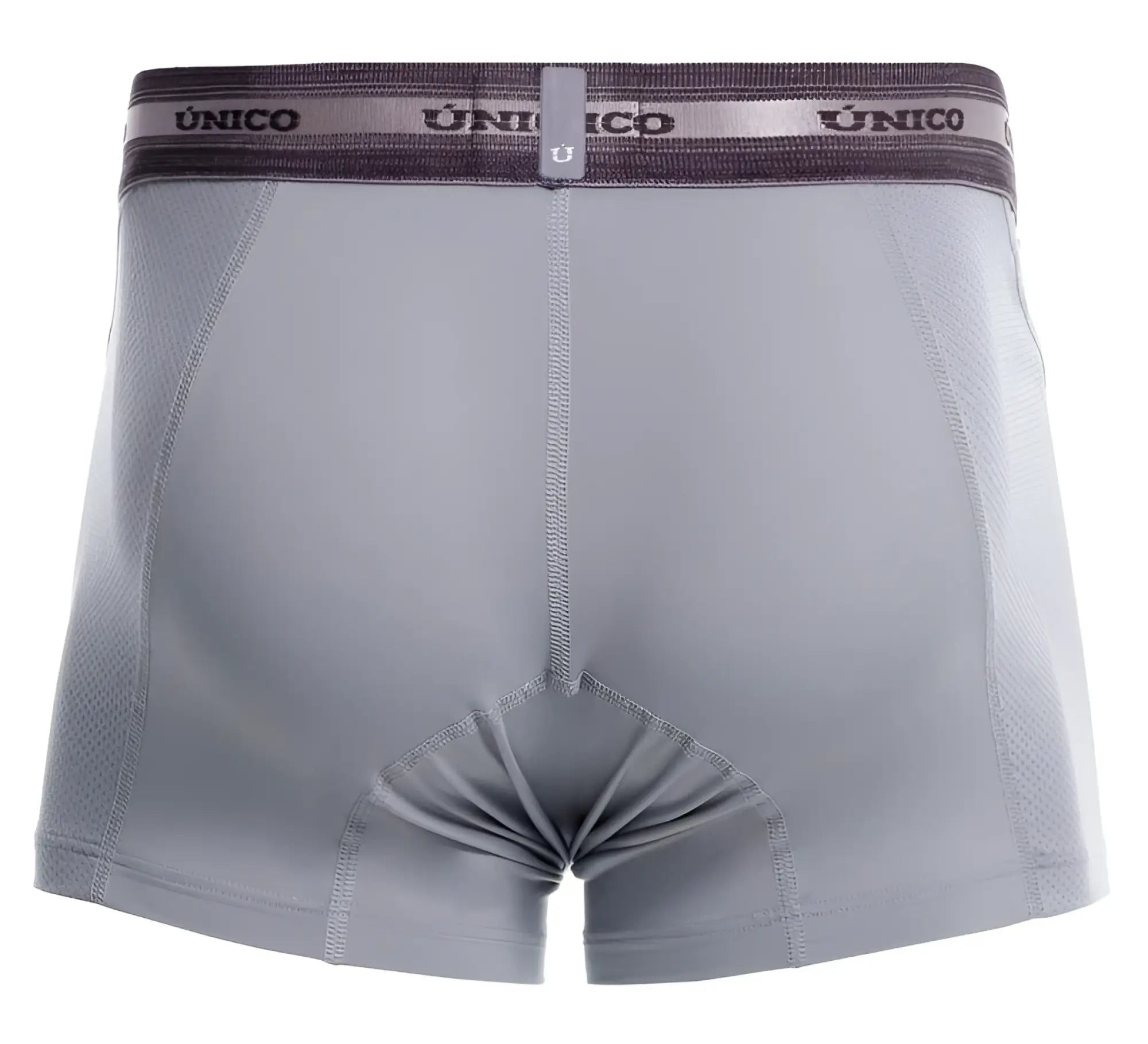 Gray unico boxer briefs with dark gray waistband featuring the brand name and logo in color 59-gray