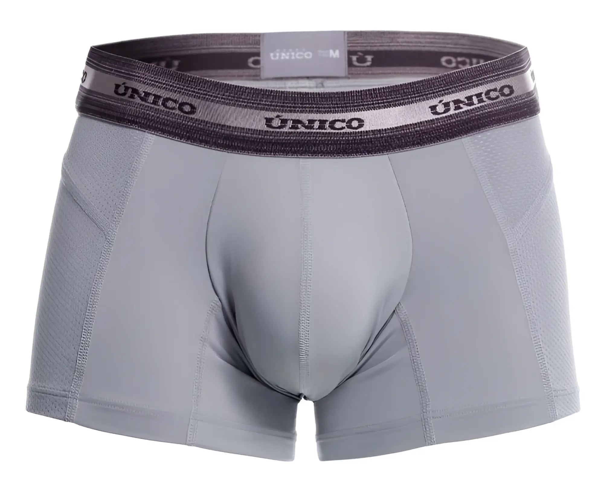 Gray unico men’s boxer briefs with textured waistband featuring brand name in black lettering model 25040100123