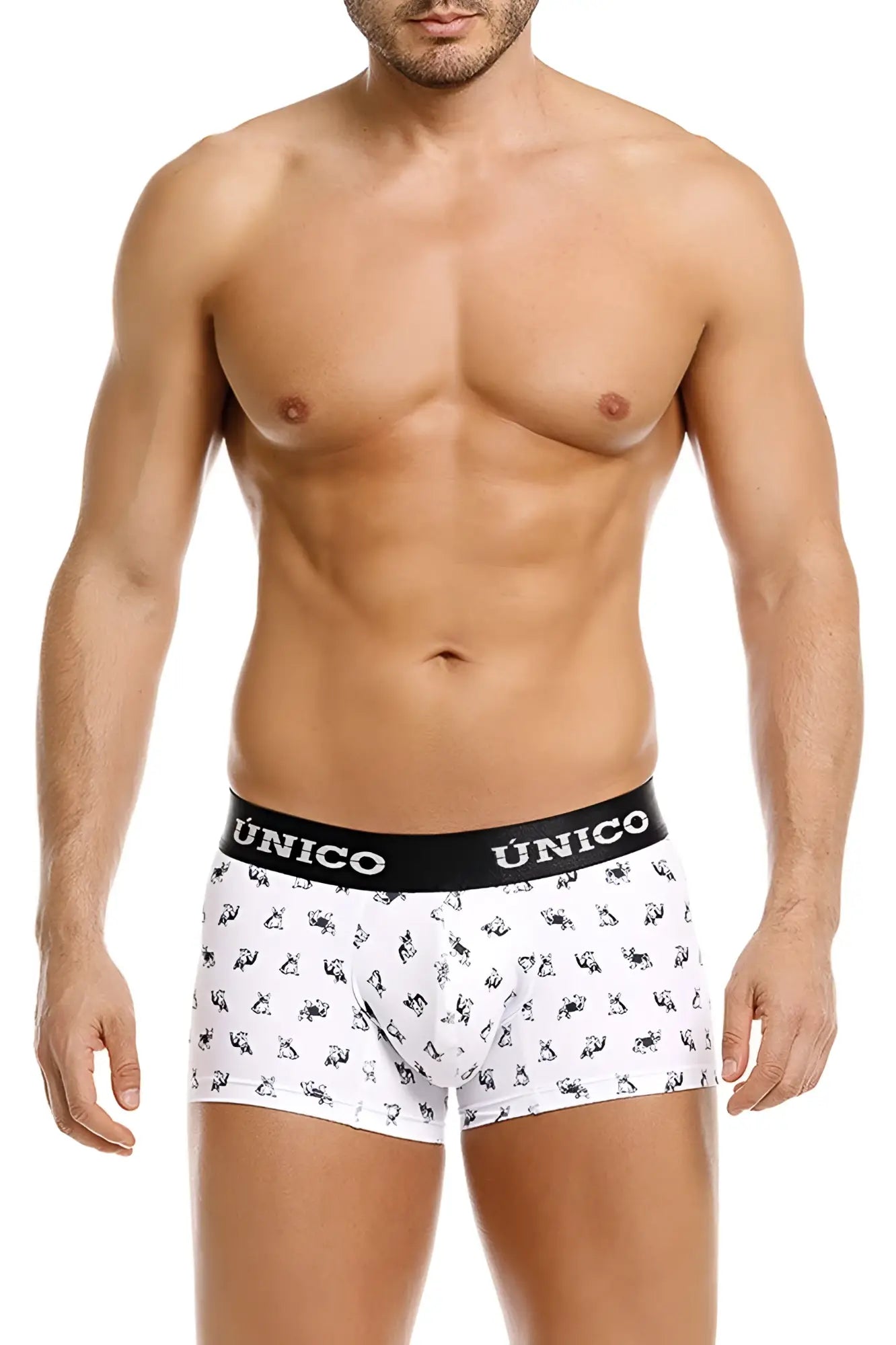 White briefs unico 25040100130 frenchis trunks with black unico waistband and small black animal prints in color white