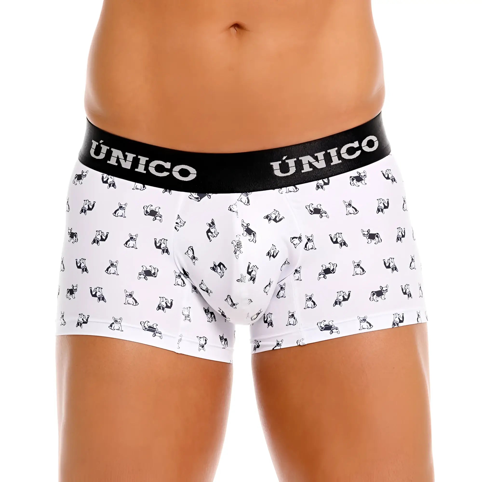 White unico 25040100130 frenchis briefs with black waistband and small black cartoon dogs pattern in white color