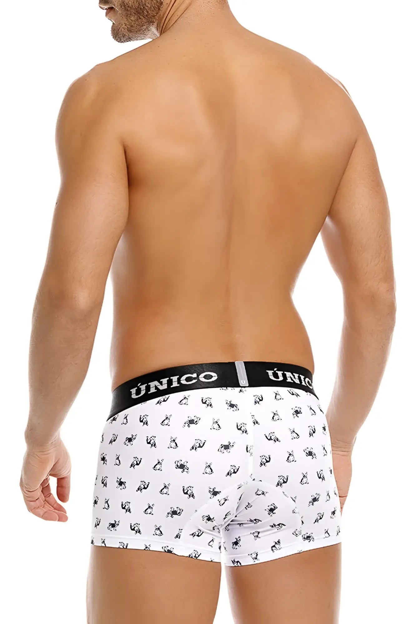 Unico 25040100130 Frenchis trunks white boxer briefs with black animal pattern and black unico waistband