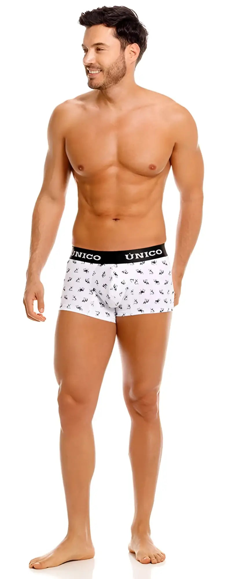 White unico boxer briefs with black elastic waistband branded unico and dark blue insect patterns color 00-white