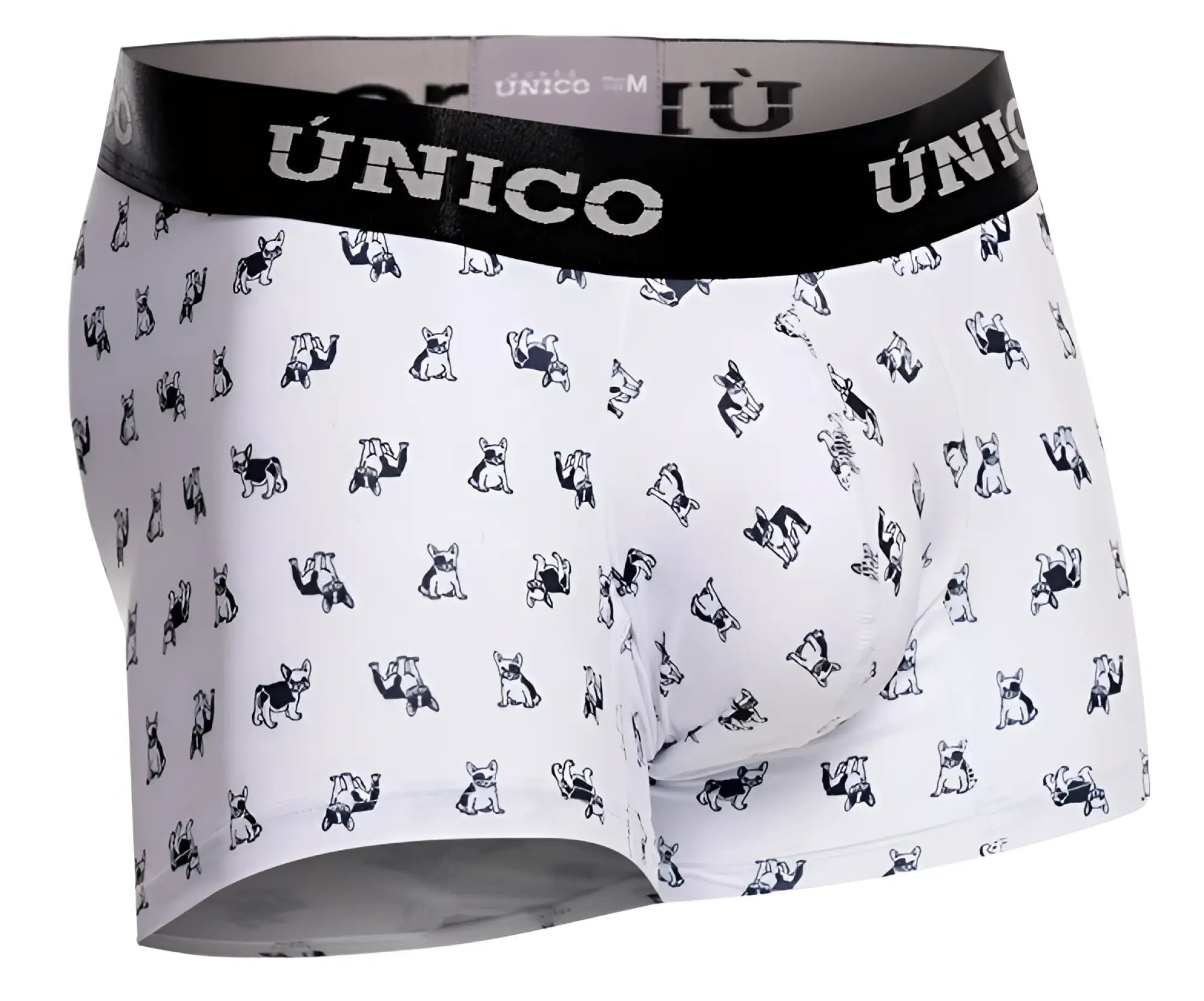 White unico boxer briefs with black waistband and french bulldog pattern in the unico 25040100130 frenchis trunks design