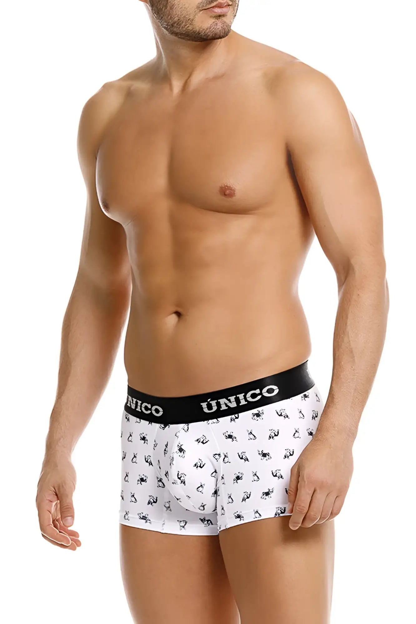 White unico 25040100130 Frenchis trunks in boxer brief style with black waistband and small black animal silhouettes