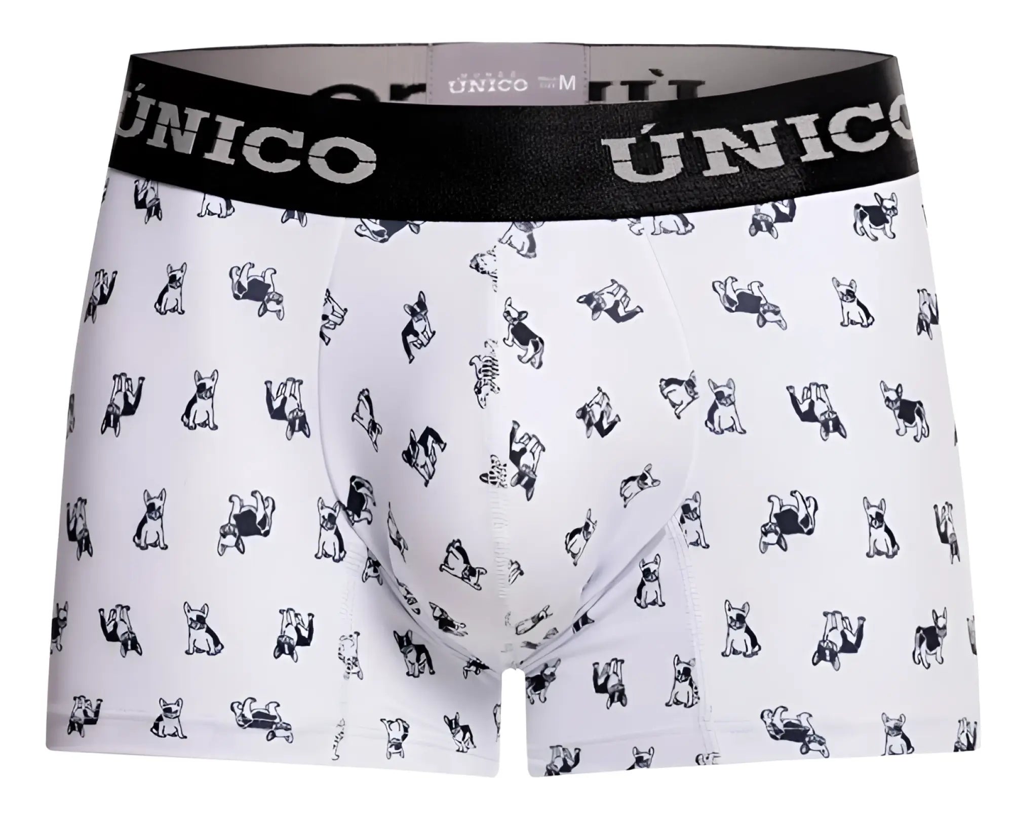 White boxer briefs with black unico waistband and black french bulldog pattern modelo unico 25040100130 frenchis trunks color 00-white
