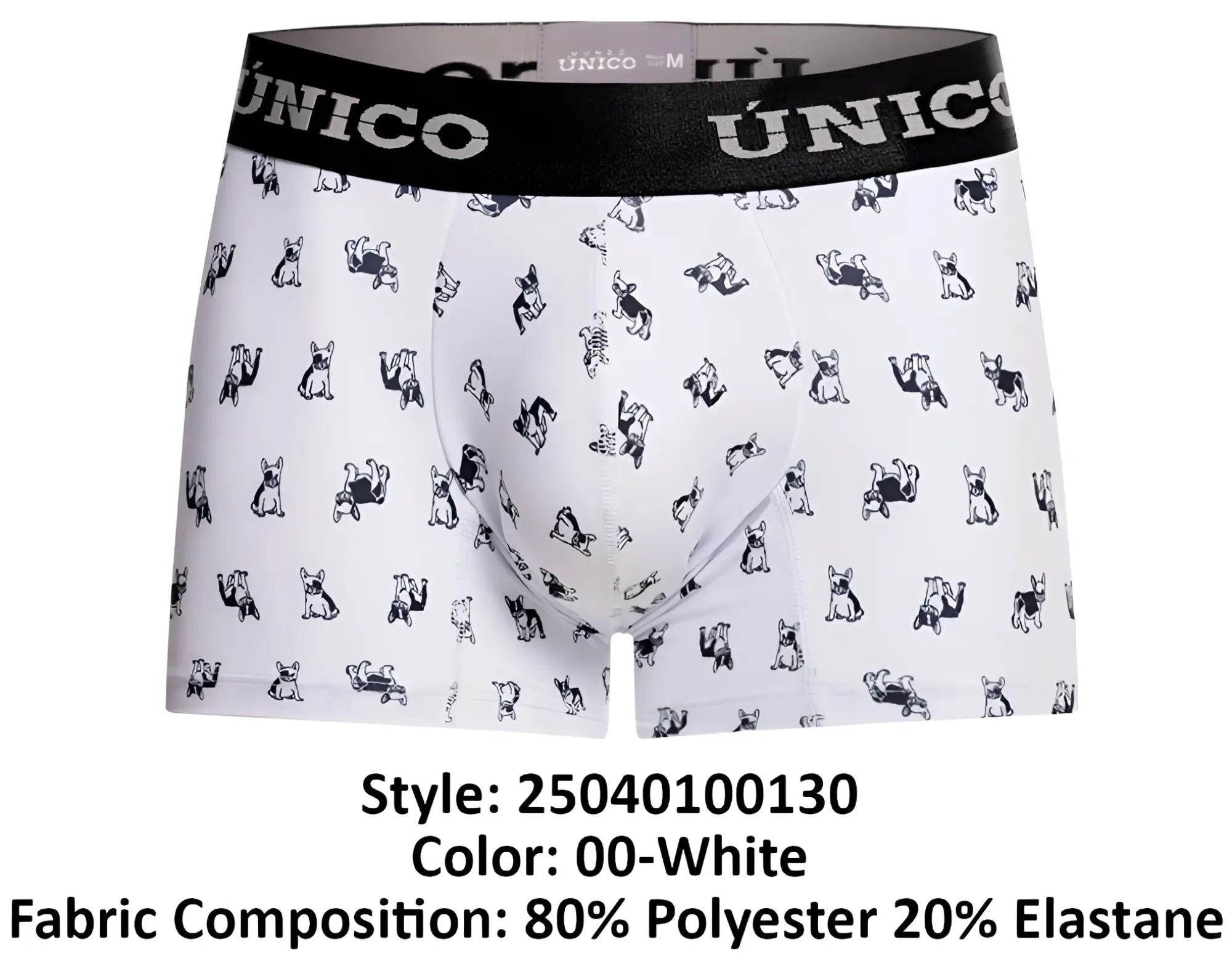 White boxer briefs with black french bulldog pattern and black branded unico elastic waistband unisex trunks