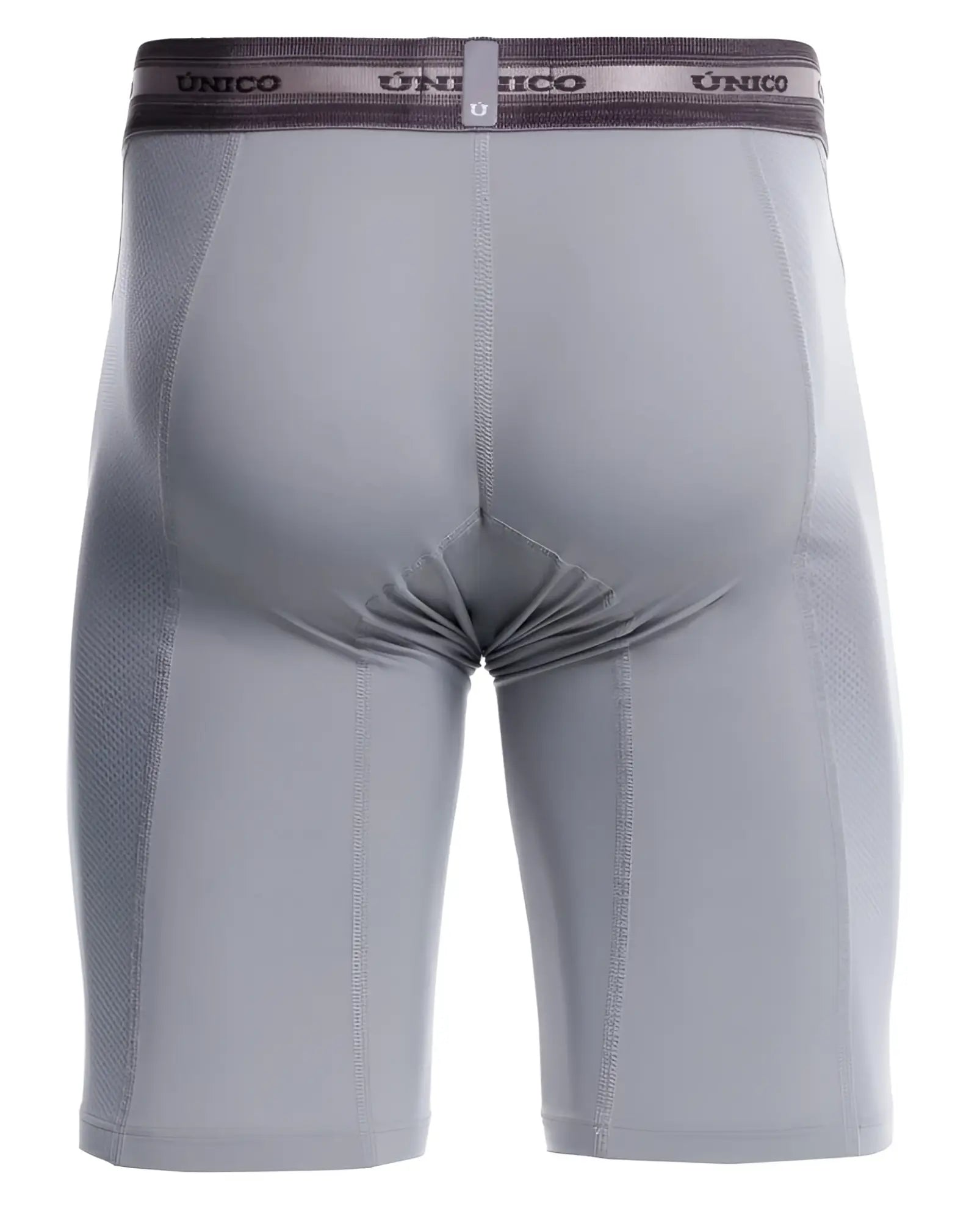 Gray unico compression shorts with dark gray waistband featuring unico logo and small u emblem model 25040100323