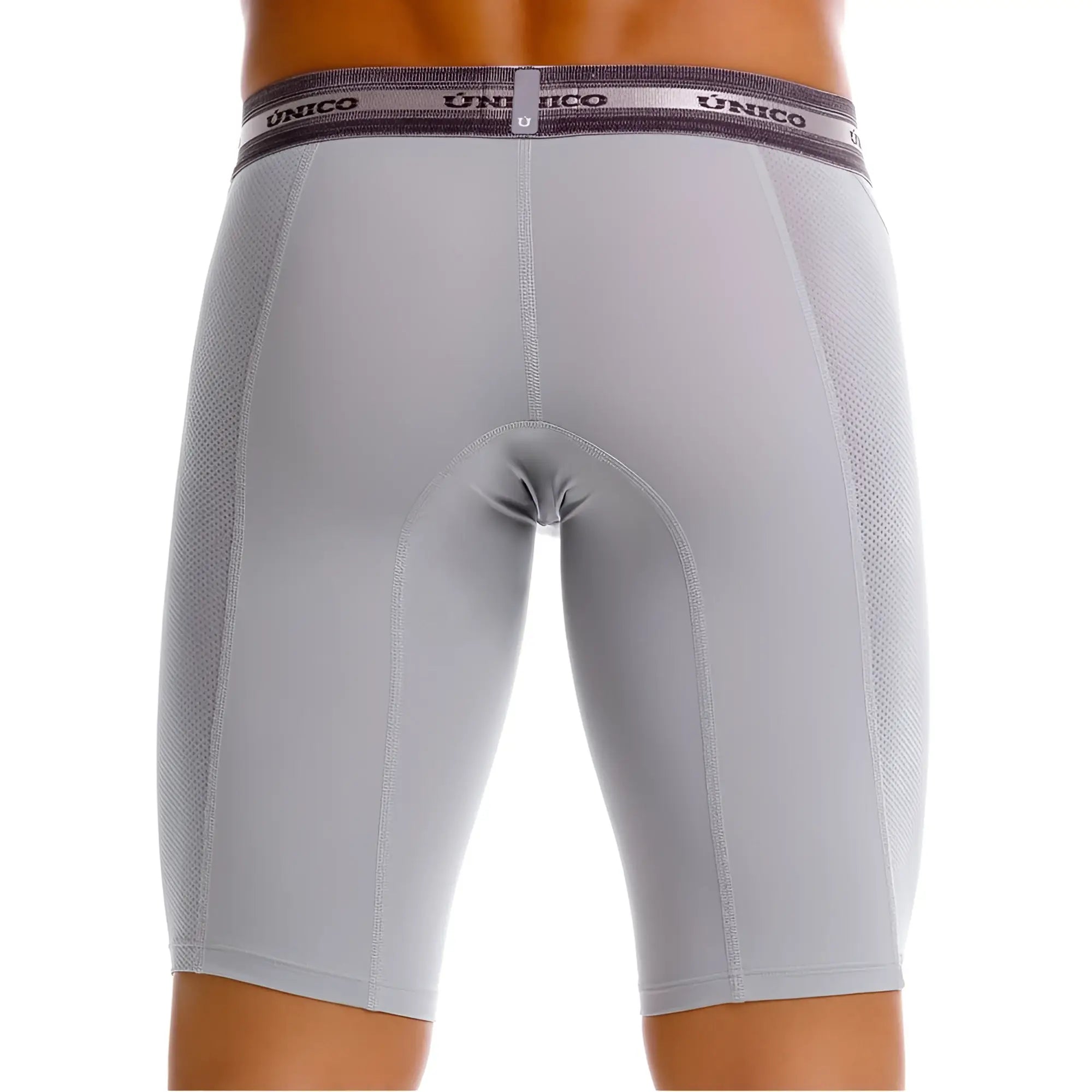 Back view of unico 25040100323 albaricoque boxer briefs in gray with textured mesh panel and elastic waistband