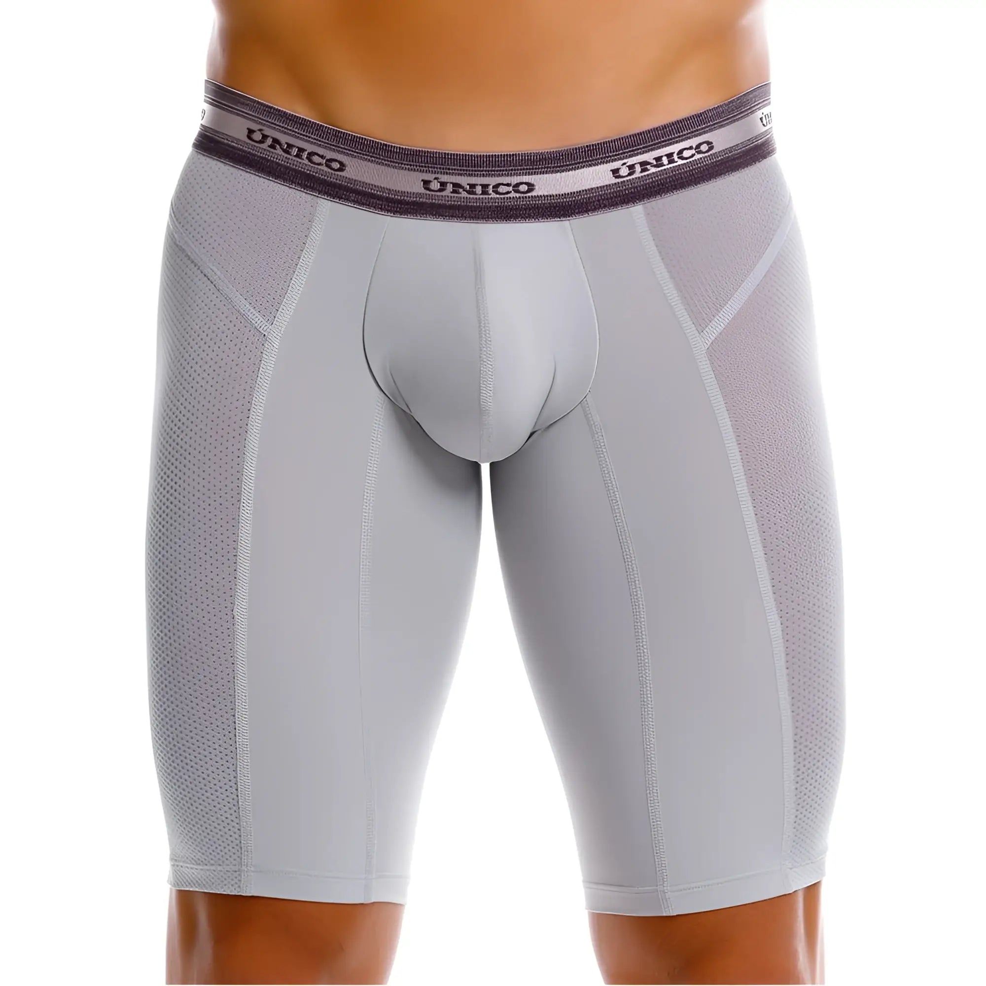 Gray unico men’s athletic boxer briefs with mesh panel design and branded waistband for active wear