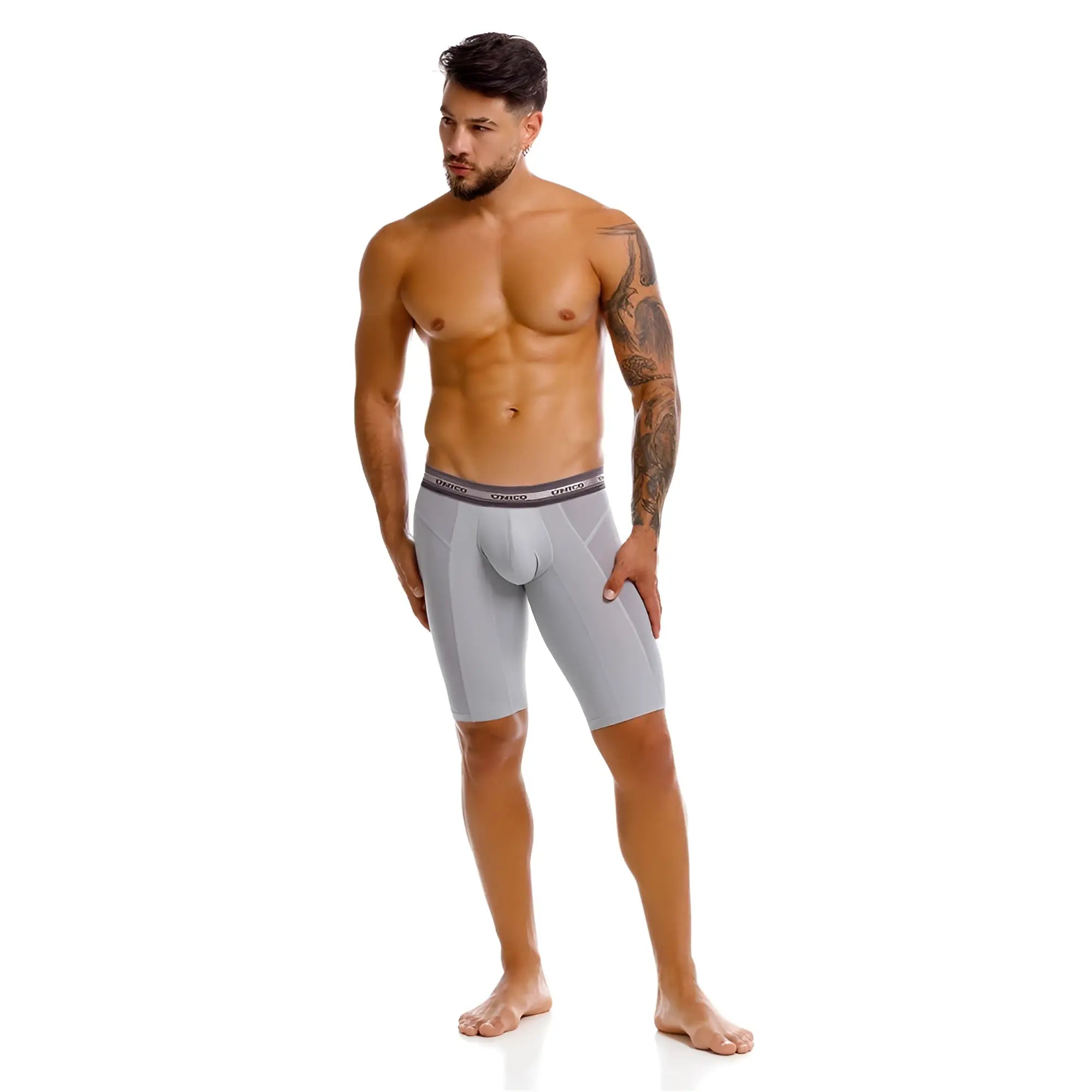 Gray men’s unico 25040100323 albaricoque boxer briefs with dark gray waistband featuring dance logo in white