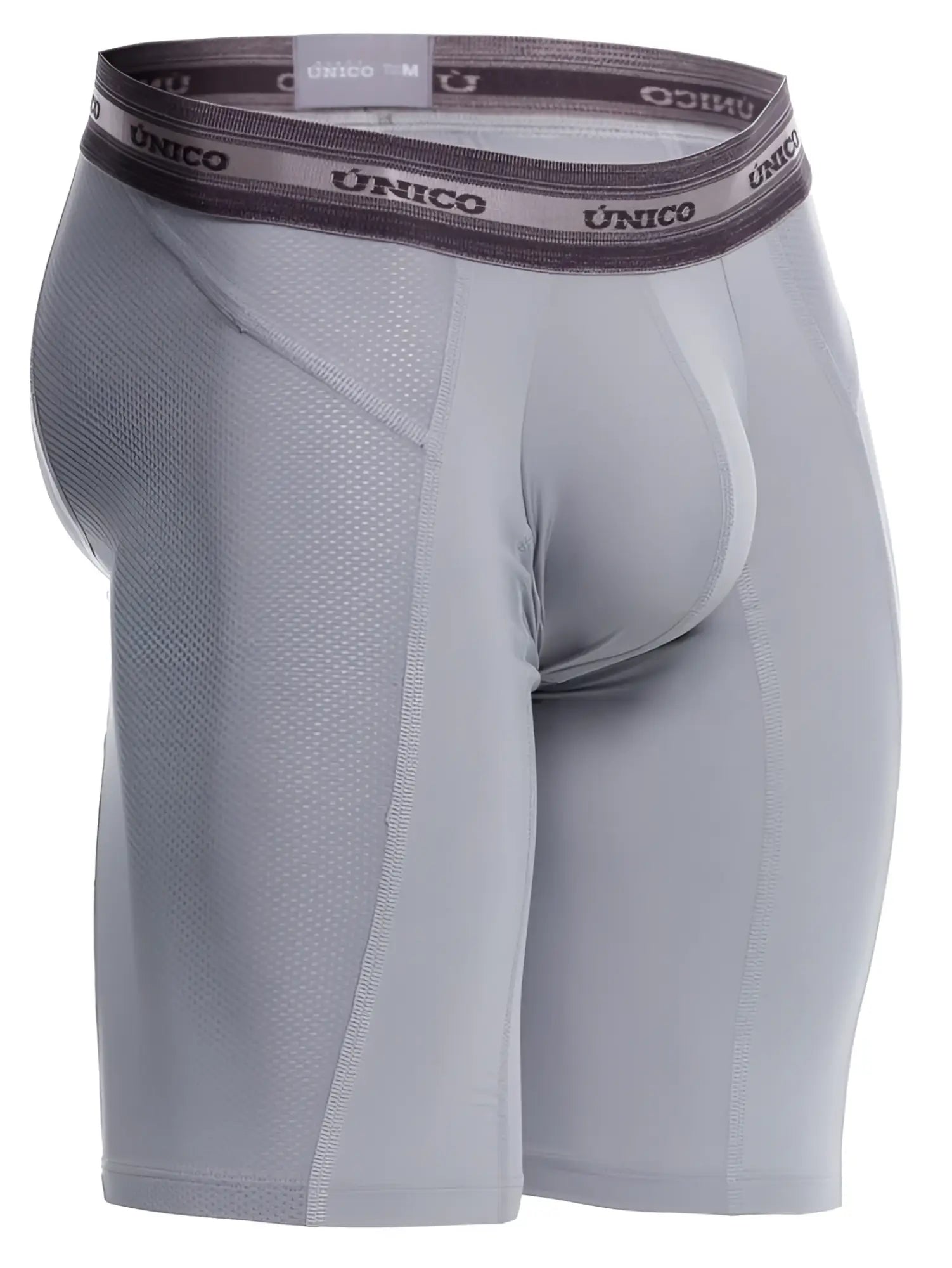 Gray unico men’s boxer briefs with textured mesh panel and branded waistband for comfortable everyday wear