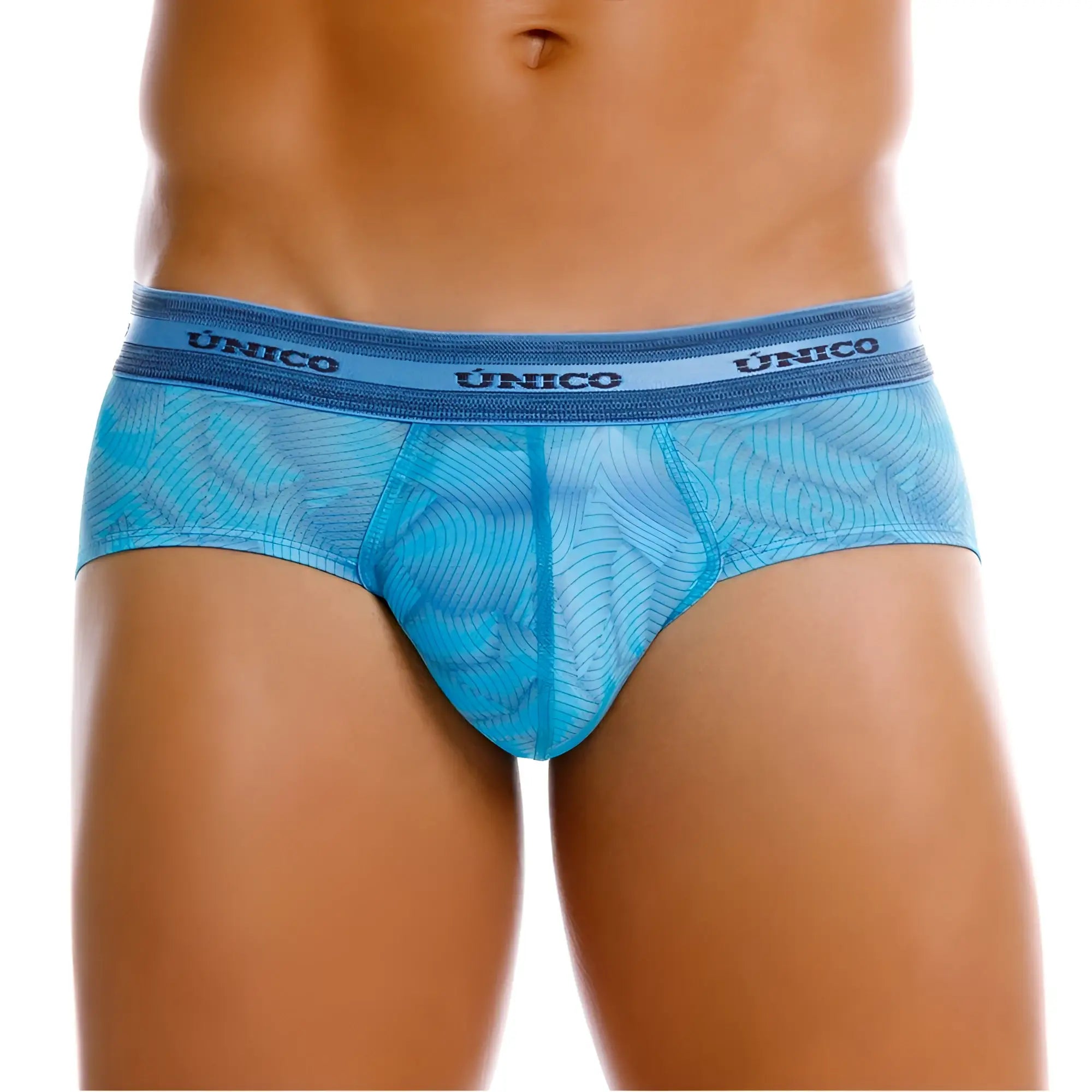 Blue unico Estraza briefs in sheer patterned mesh fabric with solid waistband in color 46 blue front view