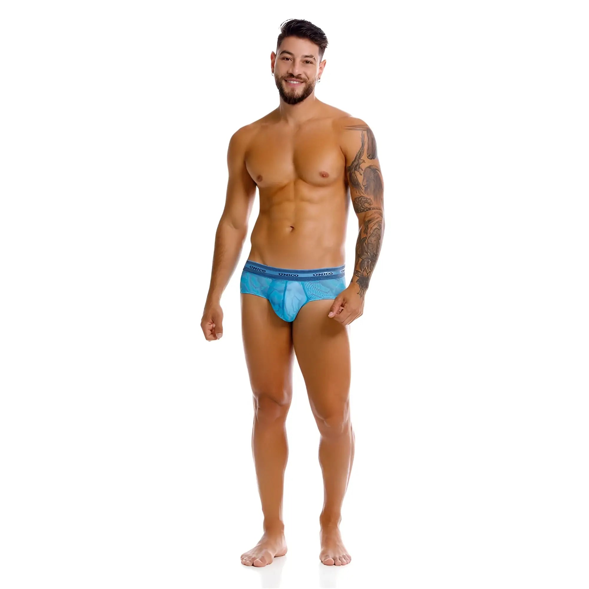 Blue mesh unico 25040101101 estraza briefs with solid blue waistband and white since brand name print