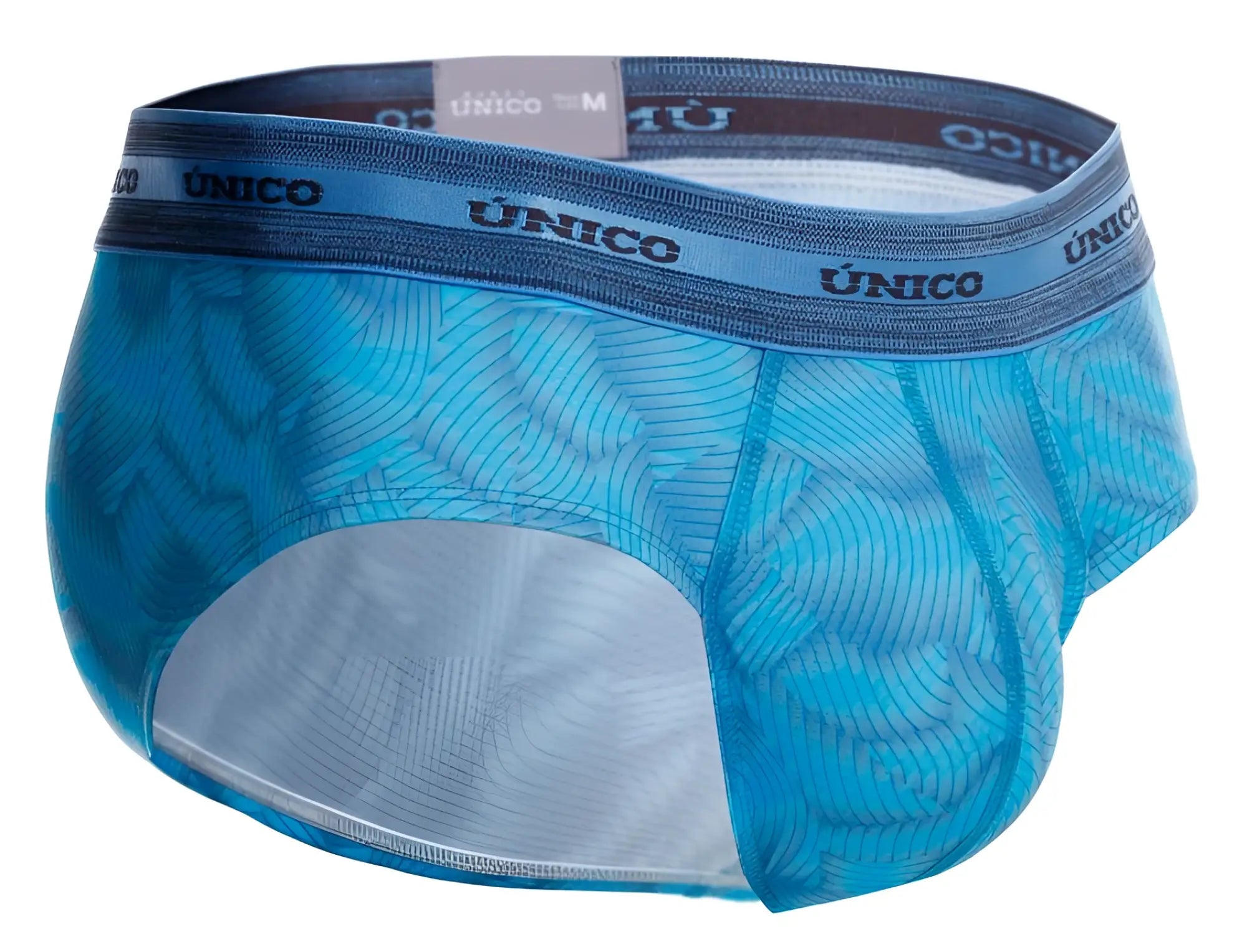 Blue translucent mesh unico estraza briefs with wave pattern and dark blue waistband color 46-blue