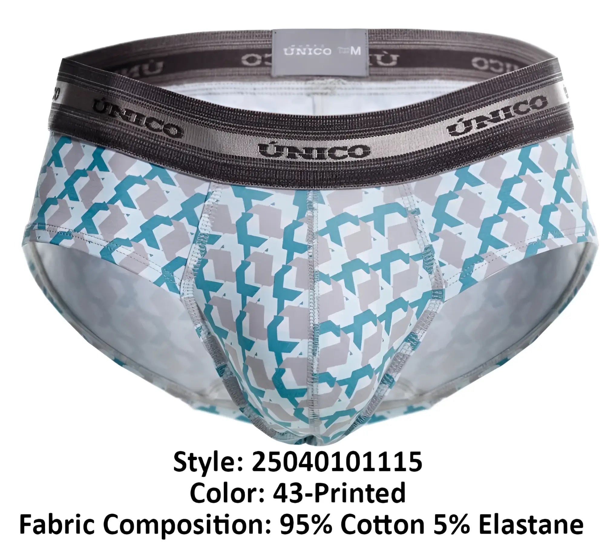 Unico 25040101115 caterva briefs in teal and gray geometric print on white, made from 95% cotton 5% elastane