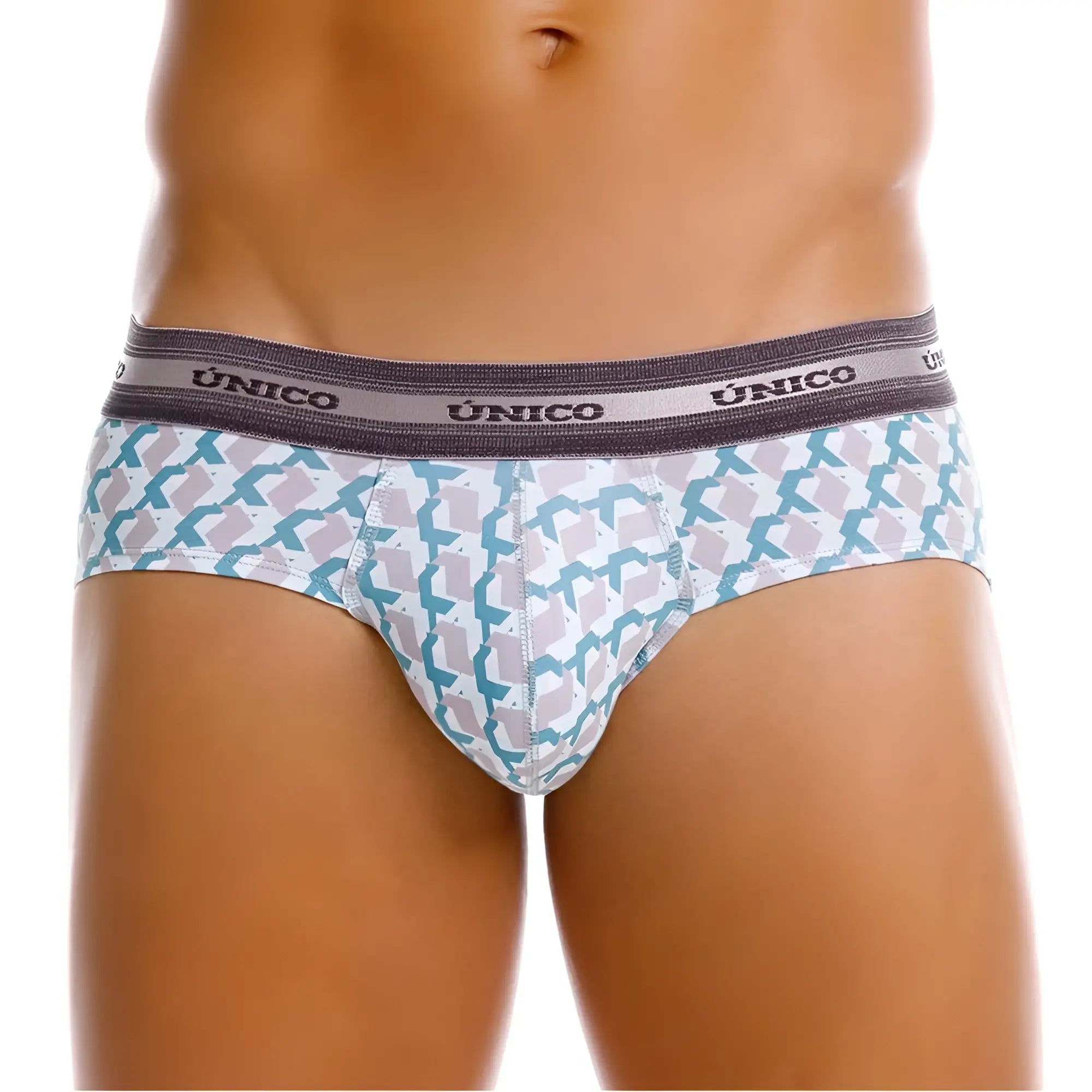 Unico 25040101115 caterva men’s briefs with white base teal gray geometric patterns and dark gray waistband