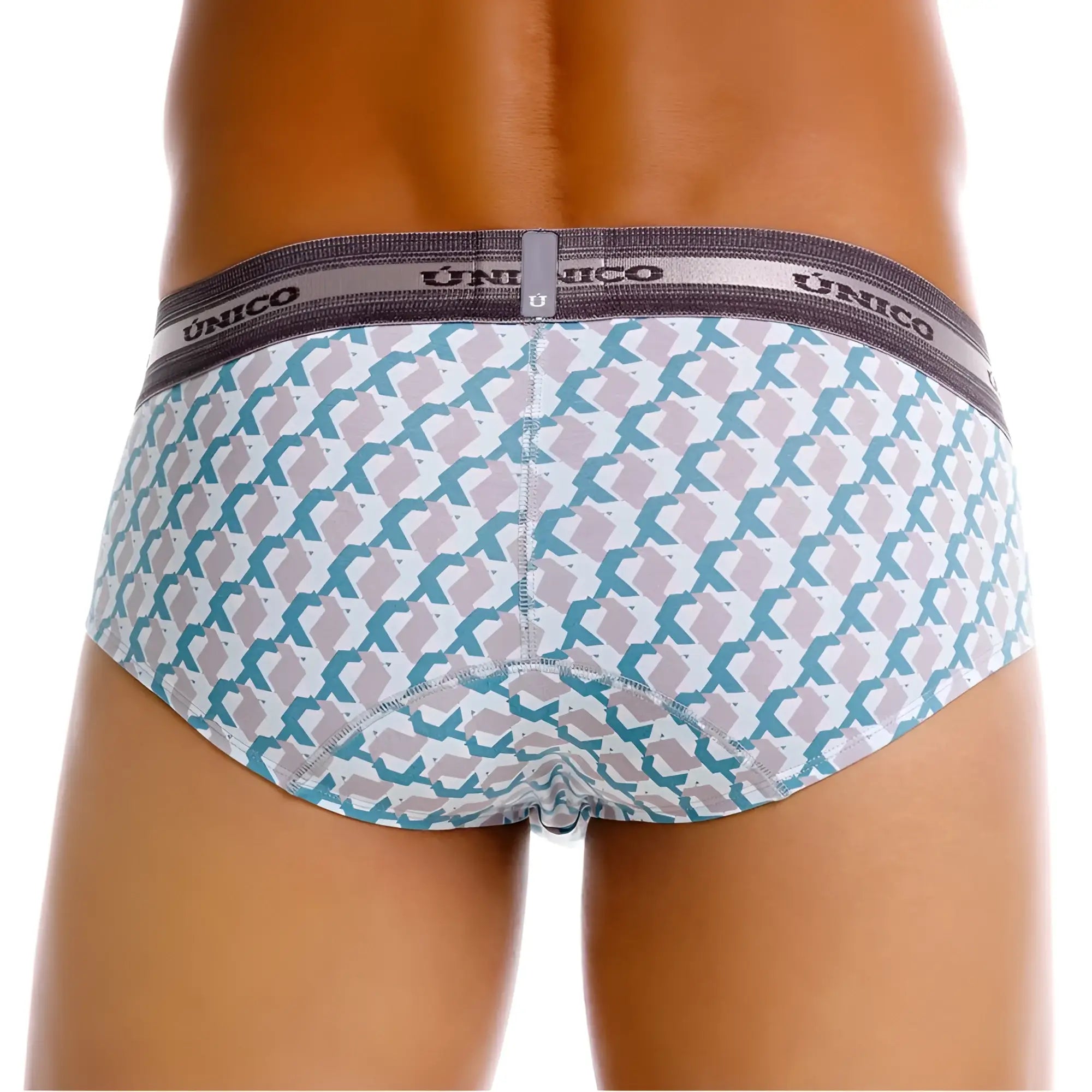Unico 25040101115 caterva briefs with white base and teal light gray geometric pattern for men