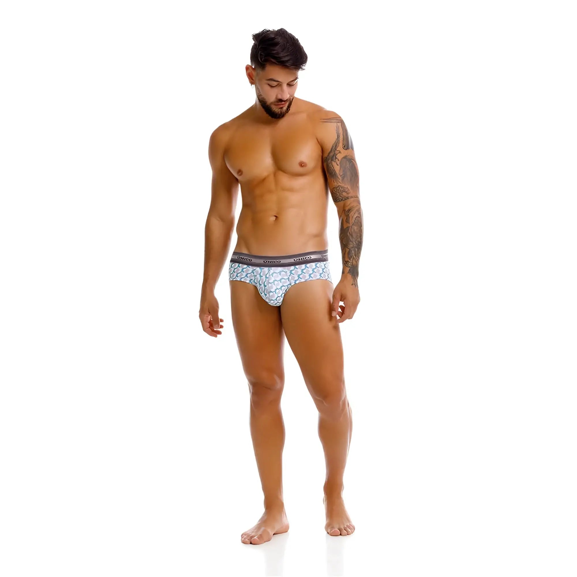 Unico caterva briefs in light blue patterned fabric with a dark gray elastic waistband color 43-printed