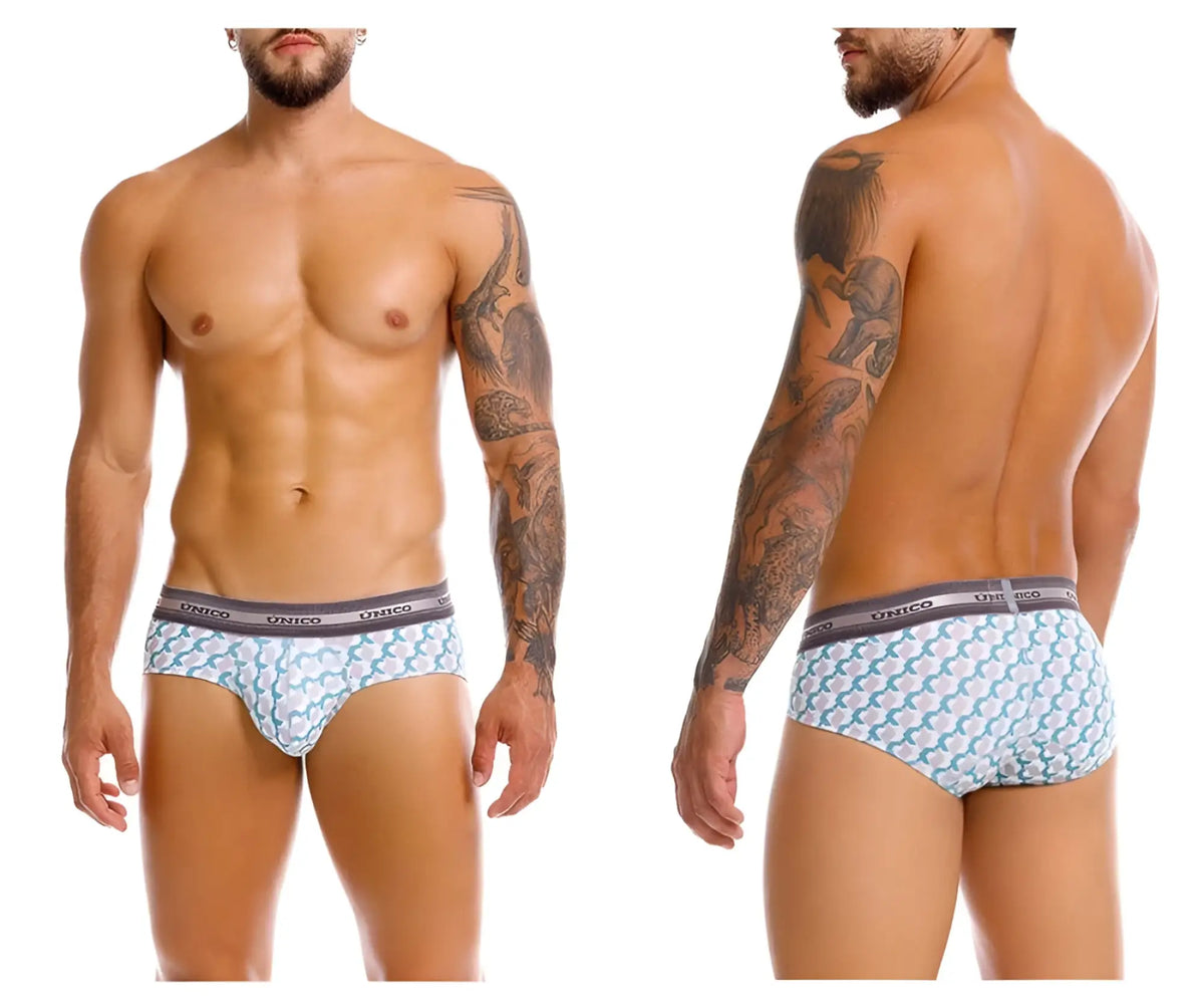 Unico 25040101115 Caterva briefs in light blue and white pattern with gray waistband featuring unico brand name