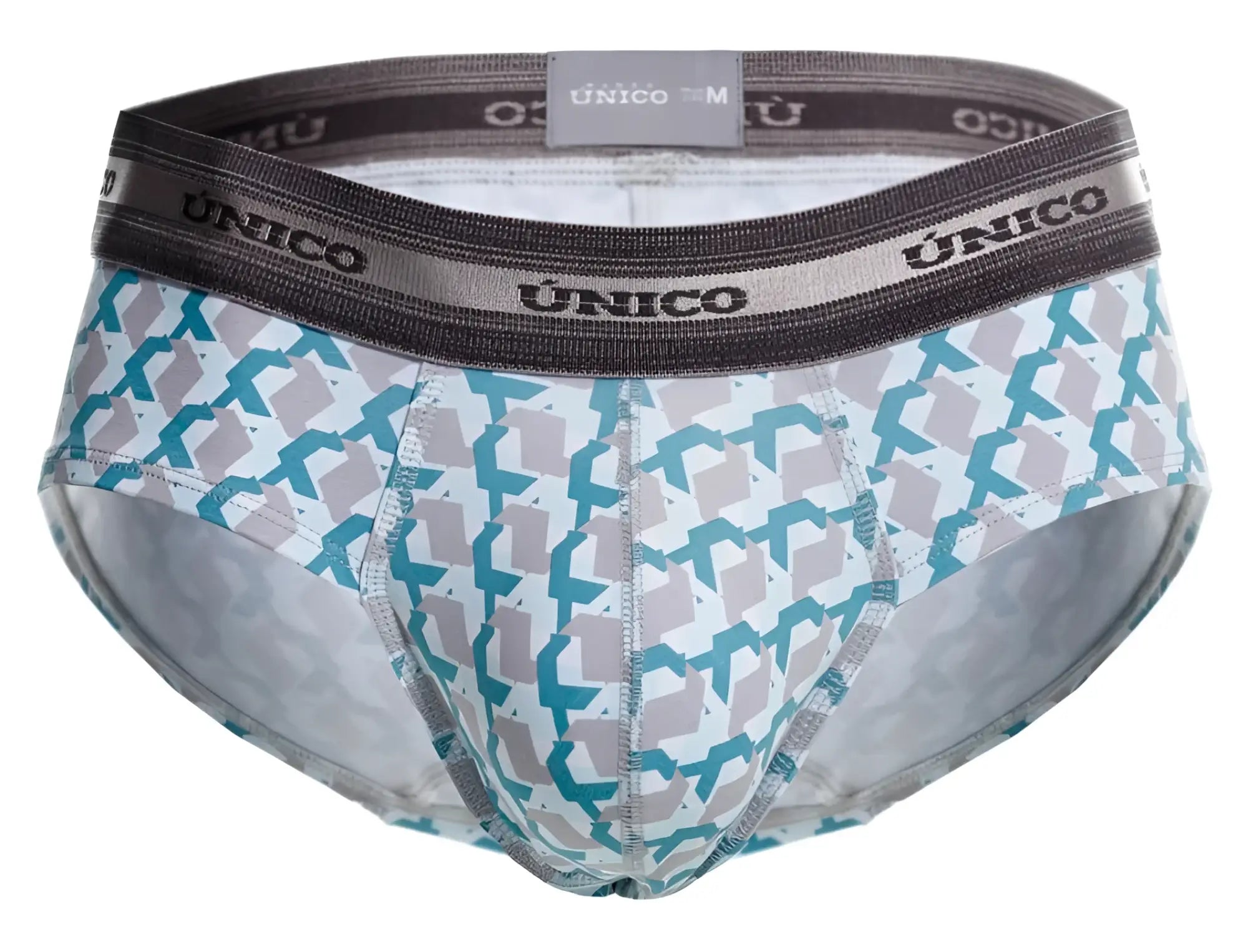 Unico 25040101115 caterva briefs featuring a teal and gray geometric pattern on white with a dark gray waistband