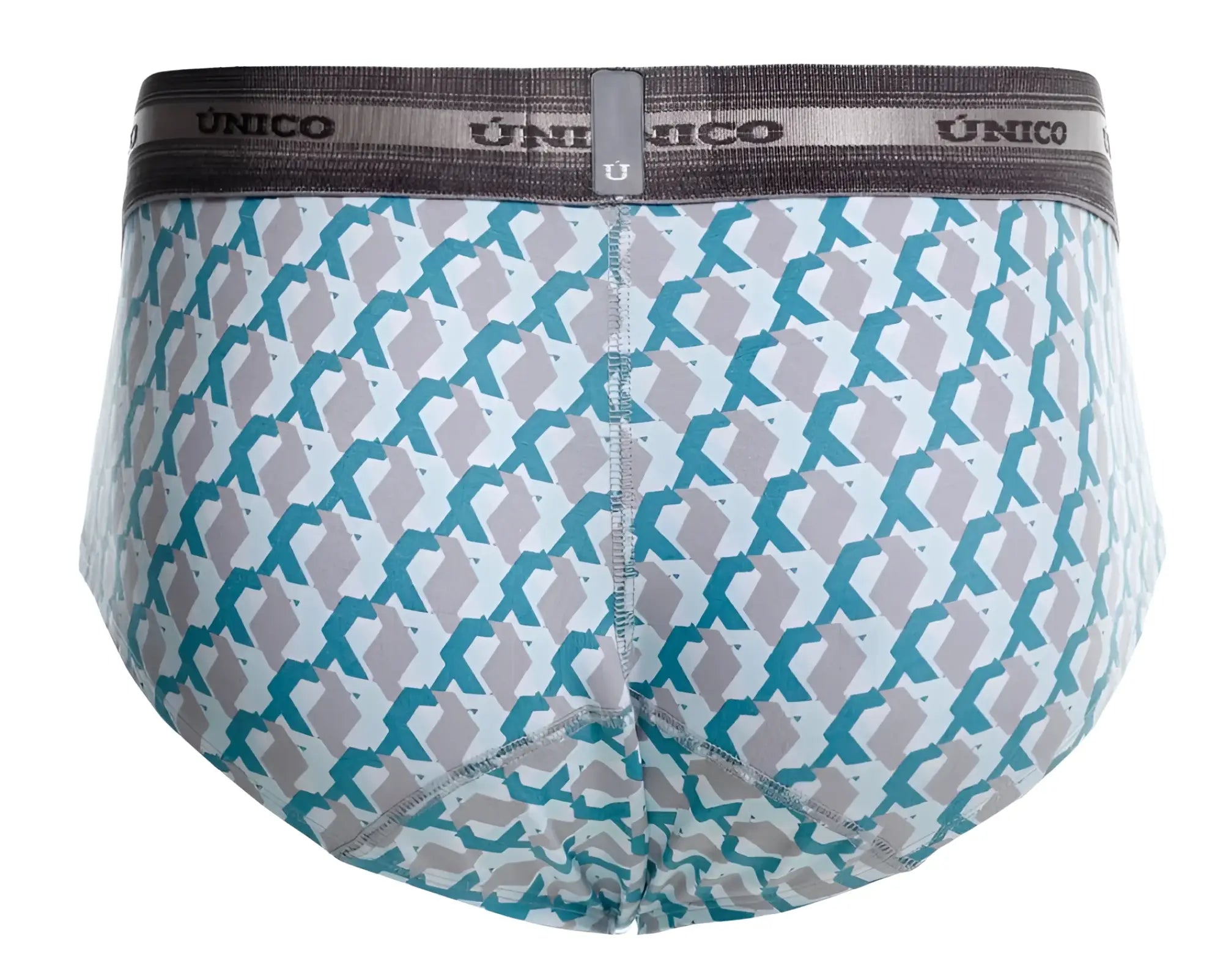 Unico 25040101115 Caterva brief in teal and gray geometric print with branded elastic waistband for men