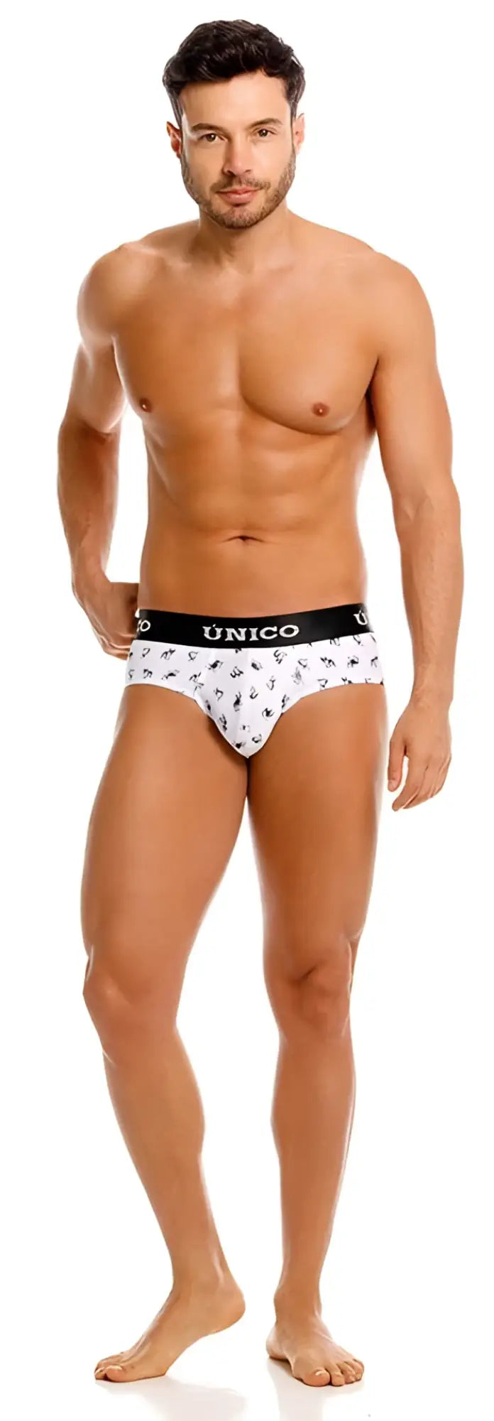 White unico frenchis briefs with black anchor pattern and contrasting black waistband with unico brand name