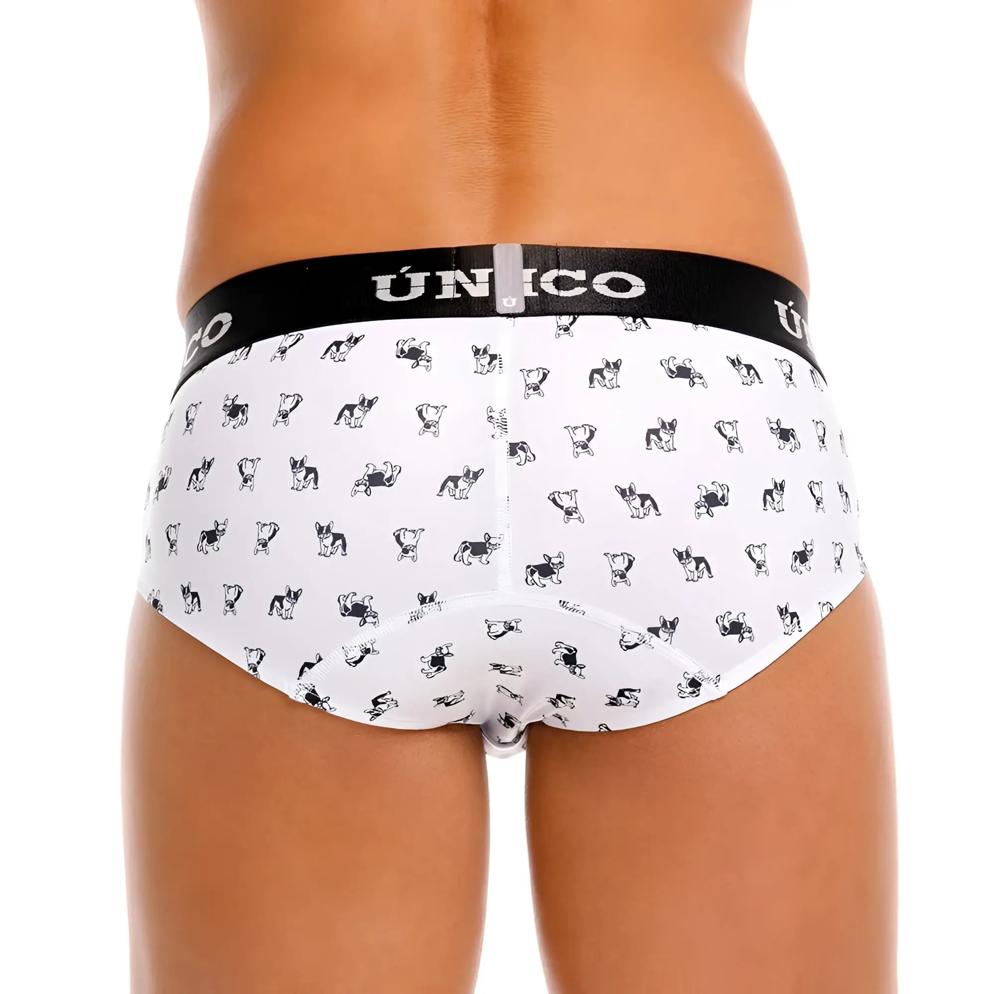White briefs with black and white dog pattern and black unico branded waistband from unico 25040101130 frenchis briefs color 00-white