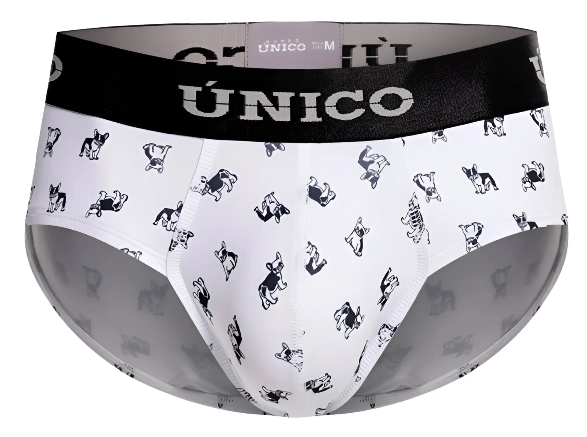 White briefs with black french bulldog illustrations and a black waistband with único brand name in color 00-white