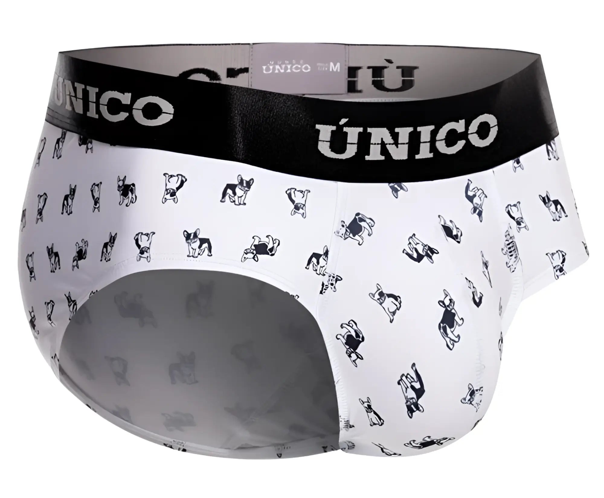 White briefs with a black and gray cartoon french bulldog pattern and a bold black unico waistband in white lettering