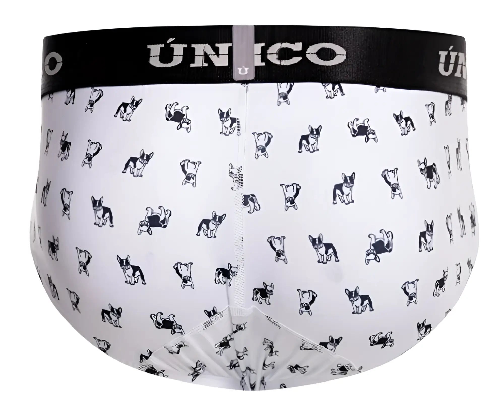 White unico 25040101130 frenchis briefs with black and white french bulldog pattern and black elastic waistband