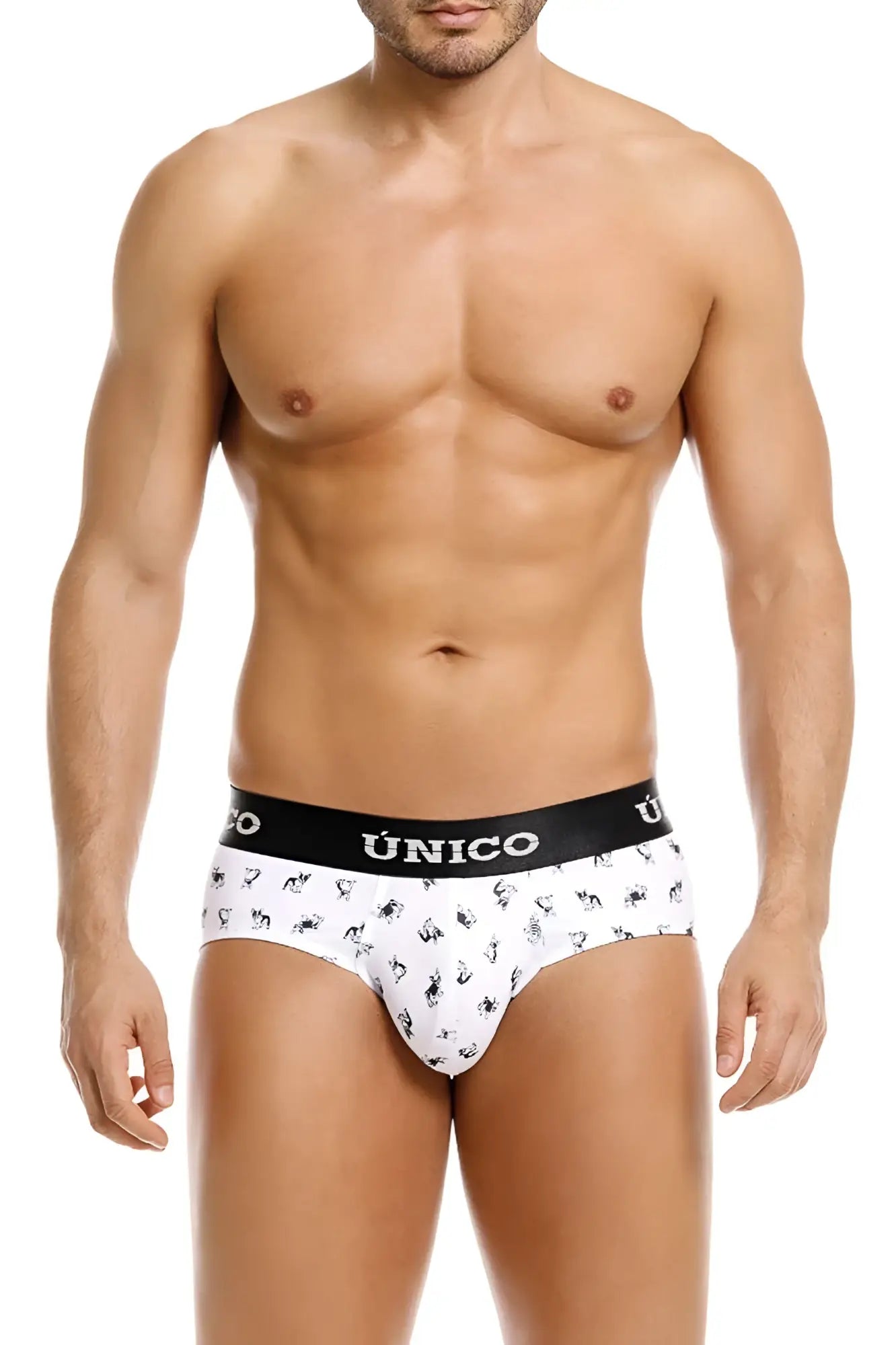 White unico 25040101130 frenchis briefs with black waistband and small black animal silhouettes on white fabric