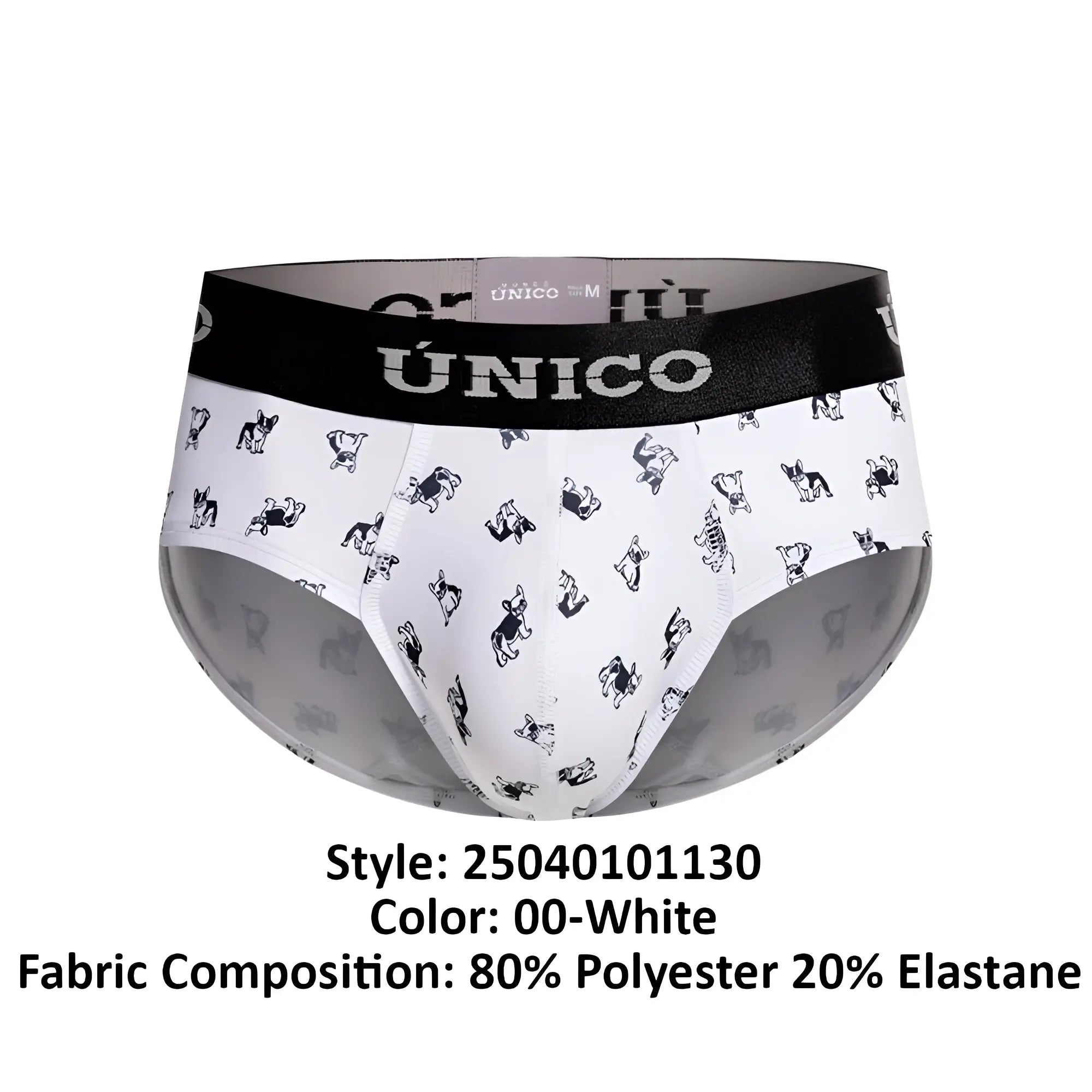 White unico 25040101130 frenchis briefs with black waistband and small stylized dog print all over in color 00-white