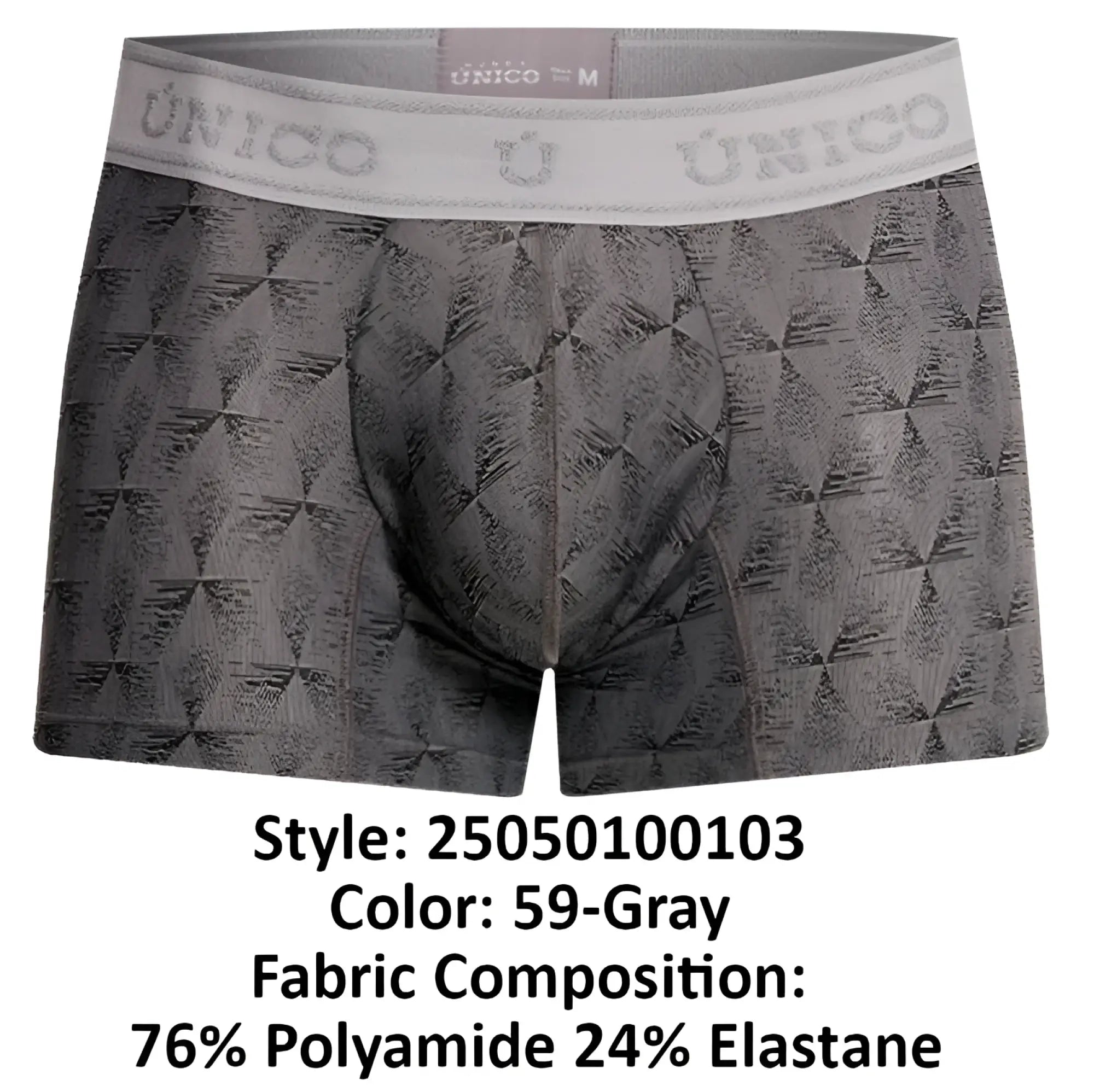 Unico 25050100103 Chisell trunks gray men’s boxer briefs with subtle geometric pattern and branded elastic waistband