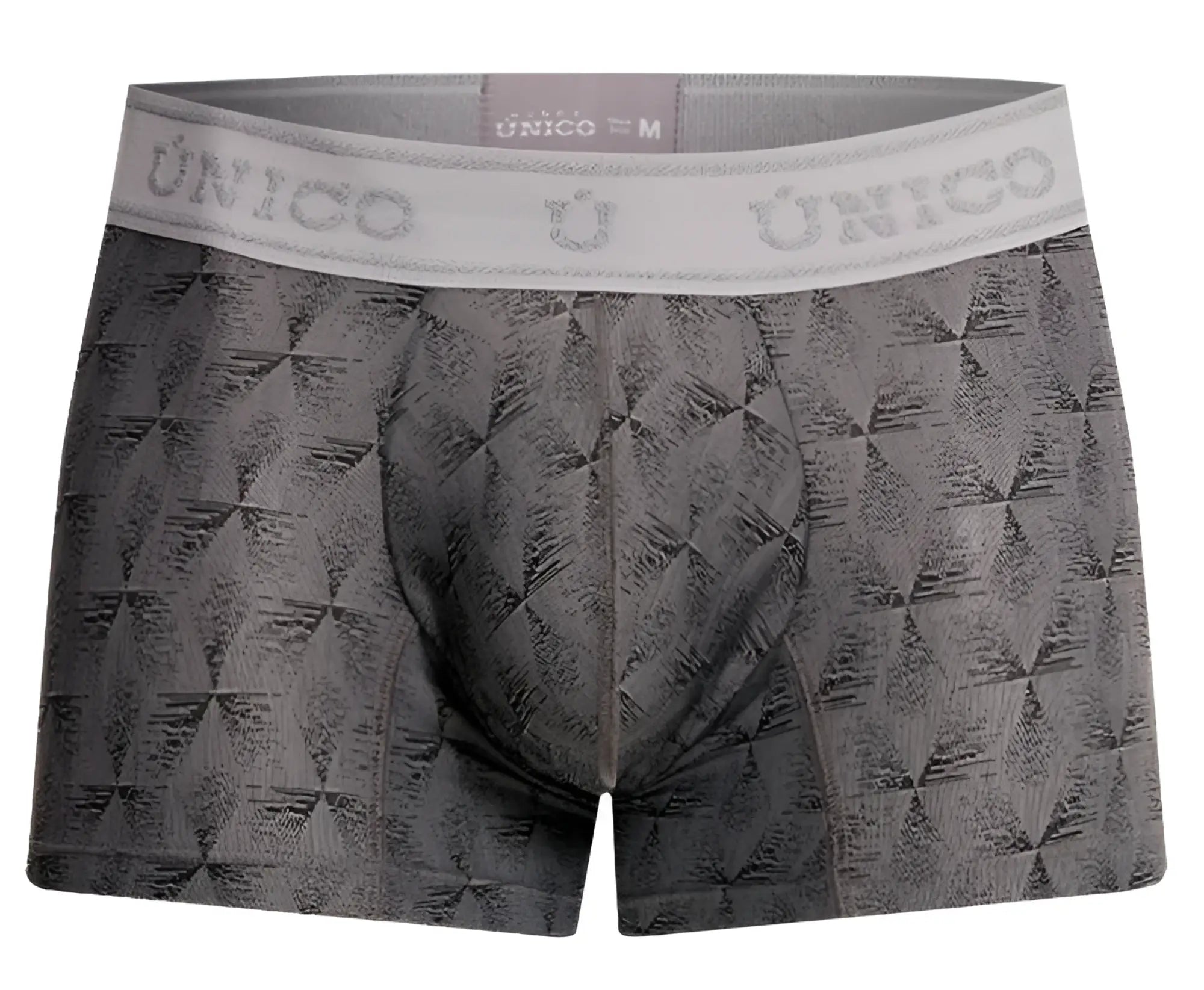 Gray patterned men’s boxer briefs with white unico elastic waistband in fabric designed for comfort and support