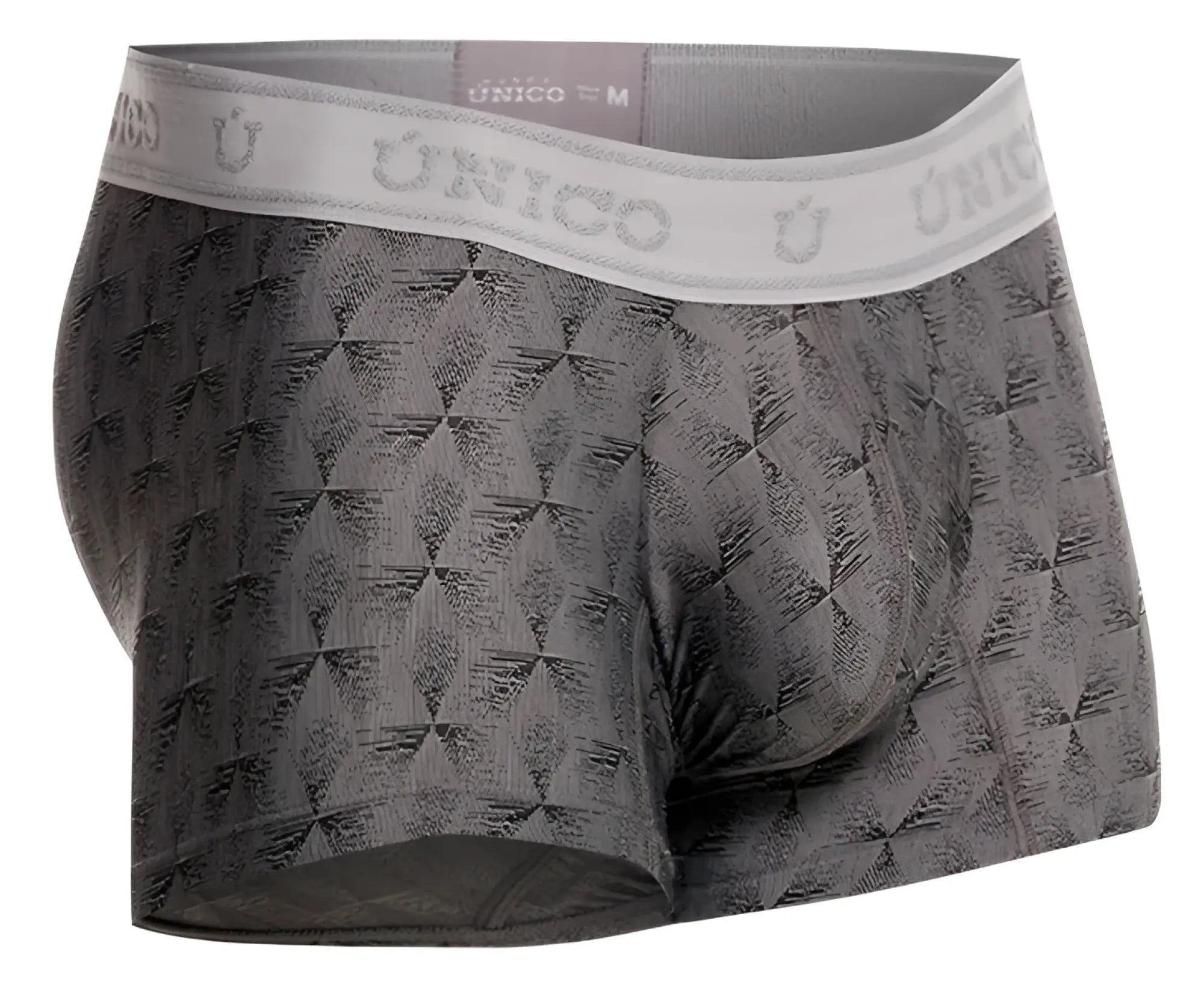 Gray patterned men’s boxer briefs with white unico waistband in the unico 25050100103 chisell trunks color 59-gray